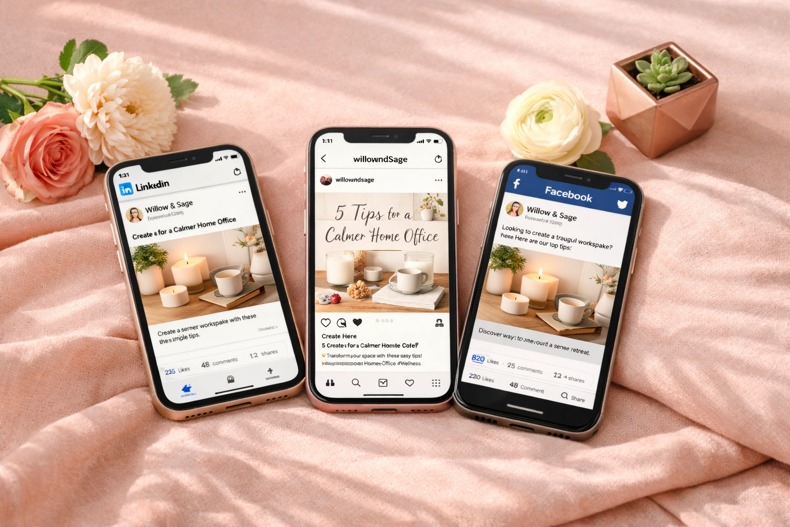 Three phones displaying LinkedIn, Instagram, and Facebook with consistent brand content