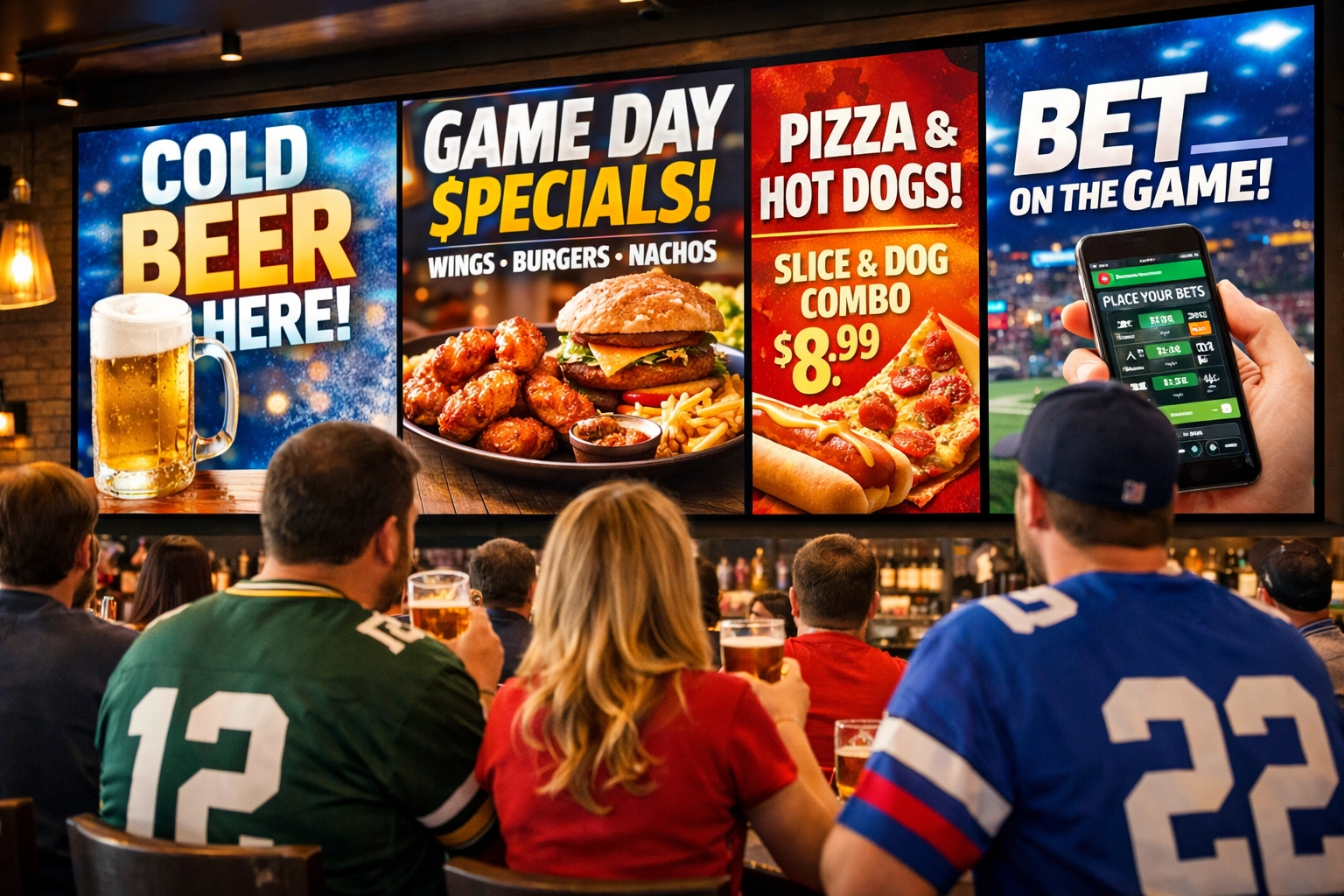 Sports bar patrons watching digital advertising screens during game day