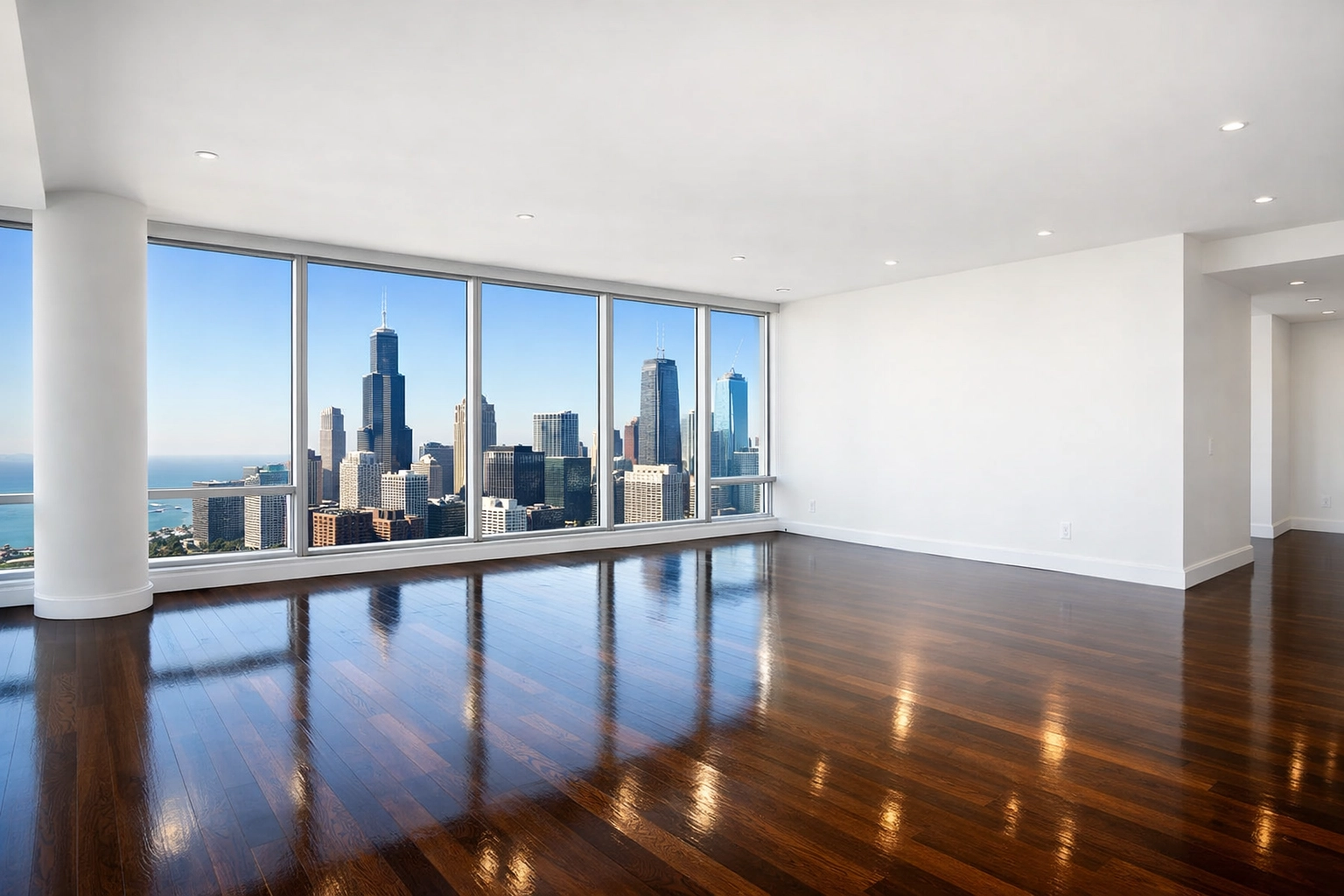 Modern Chicago high-rise apartment with polished hardwood floors ready for a new tenant.