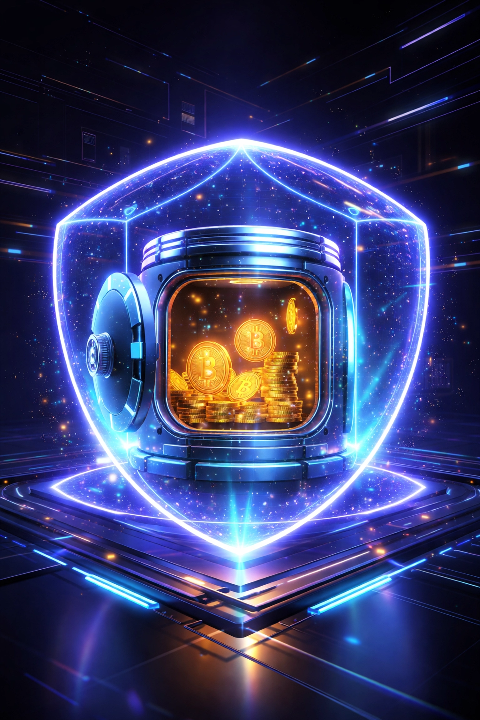 Glowing digital vault with cryptocurrency symbols illustrating self-custody and secure Web3 payments with Larecoin.