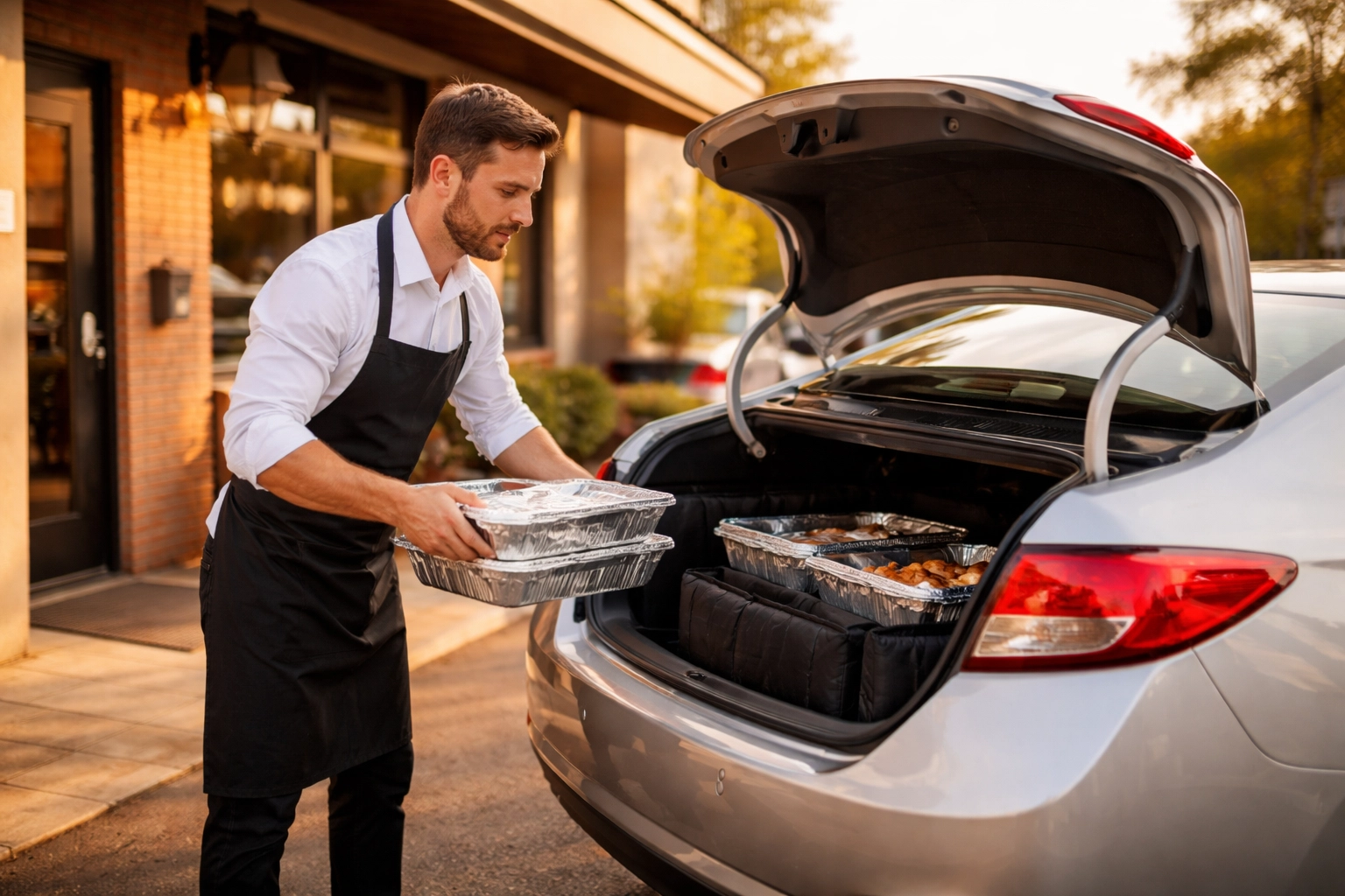 Restaurant employee loading catering trays into a personal car highlights hired and non-owned auto coverage needs.