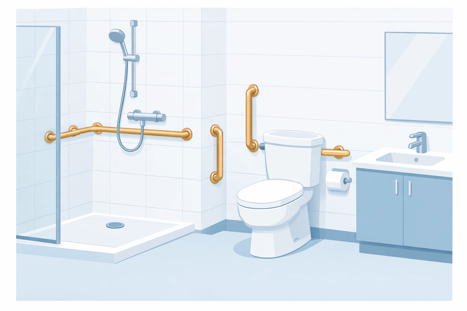 Grab bars installed in bathroom shower and near toilet for senior safety
