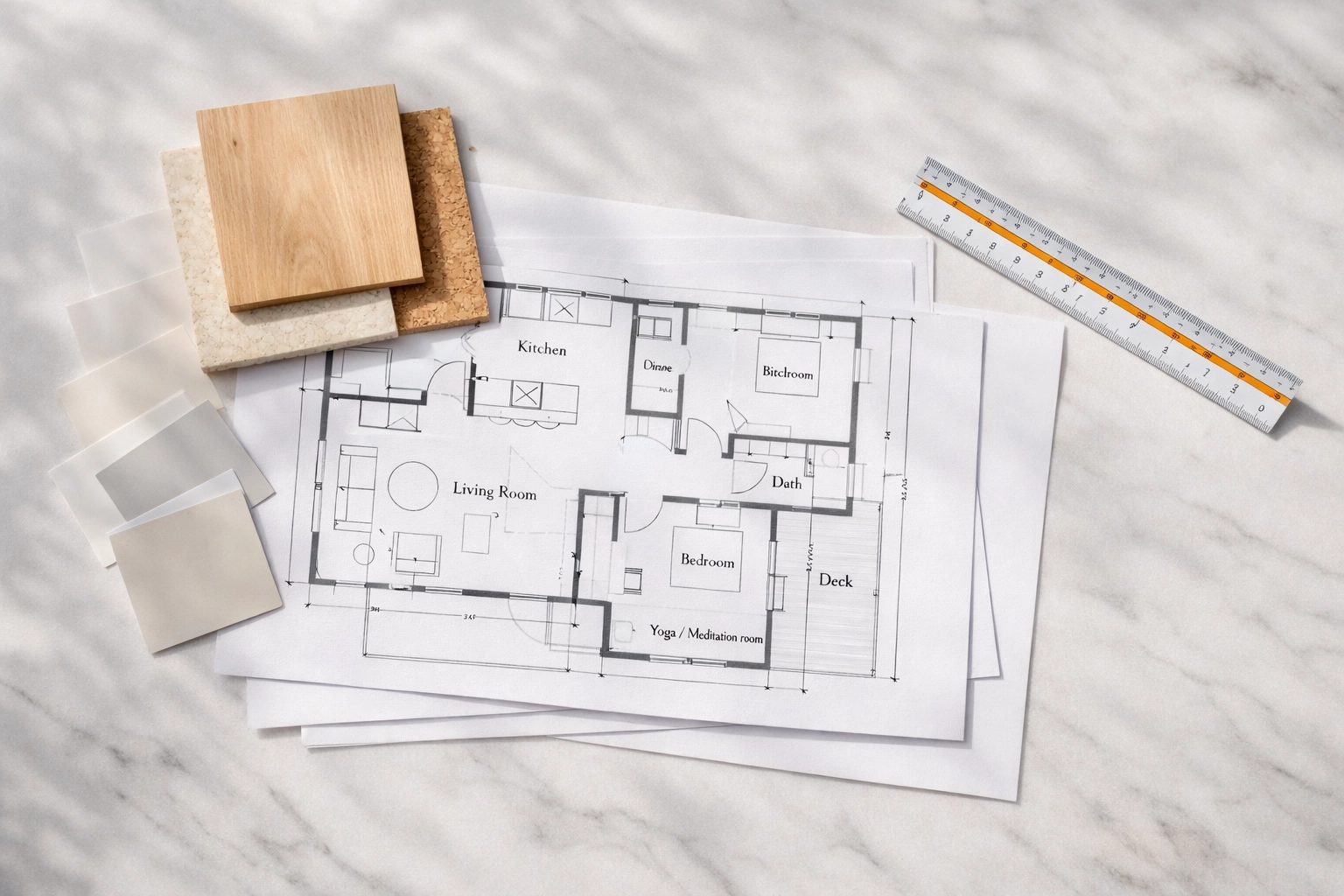 Architectural floor plans and sustainable material samples for planning a wellness-focused NYC apartment.