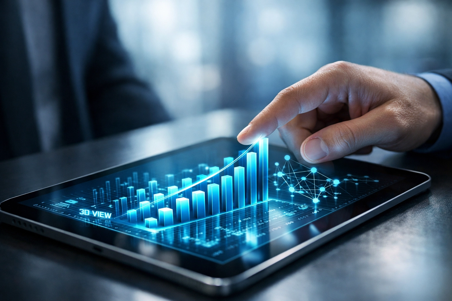 Sales manager using a tablet to track team performance data and sales conversion rates.