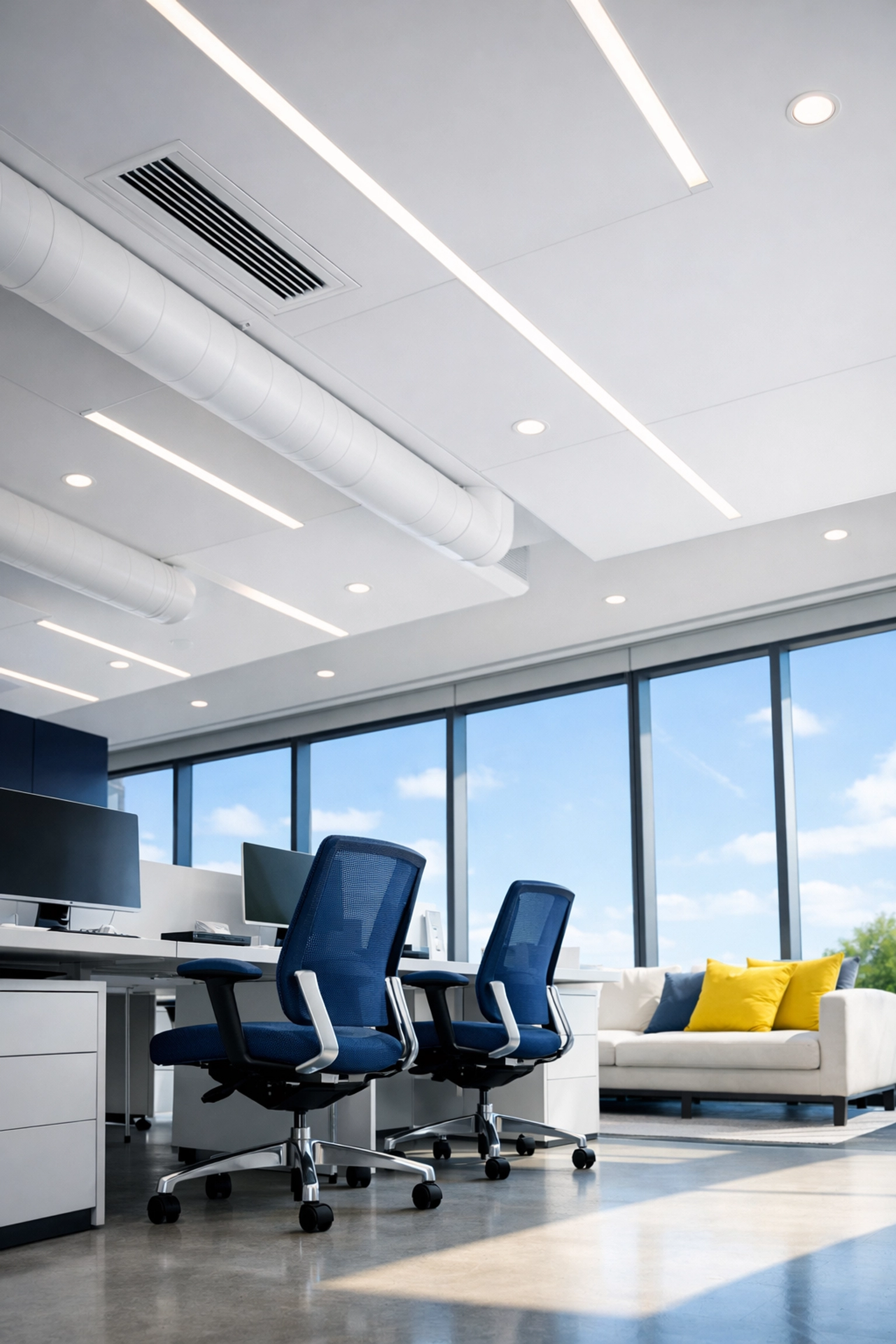 A clean and airy open-concept workspace with dust-free air, part of office cleaning in Dedham MA.