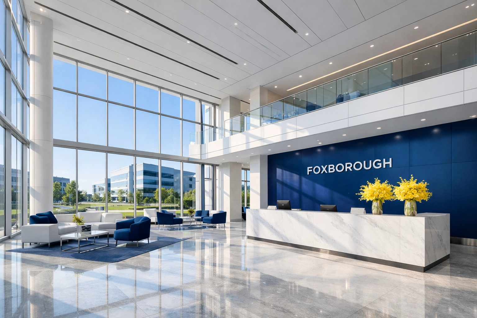 Pristine Foxborough corporate lobby with polished floors showcasing professional commercial cleaning services.