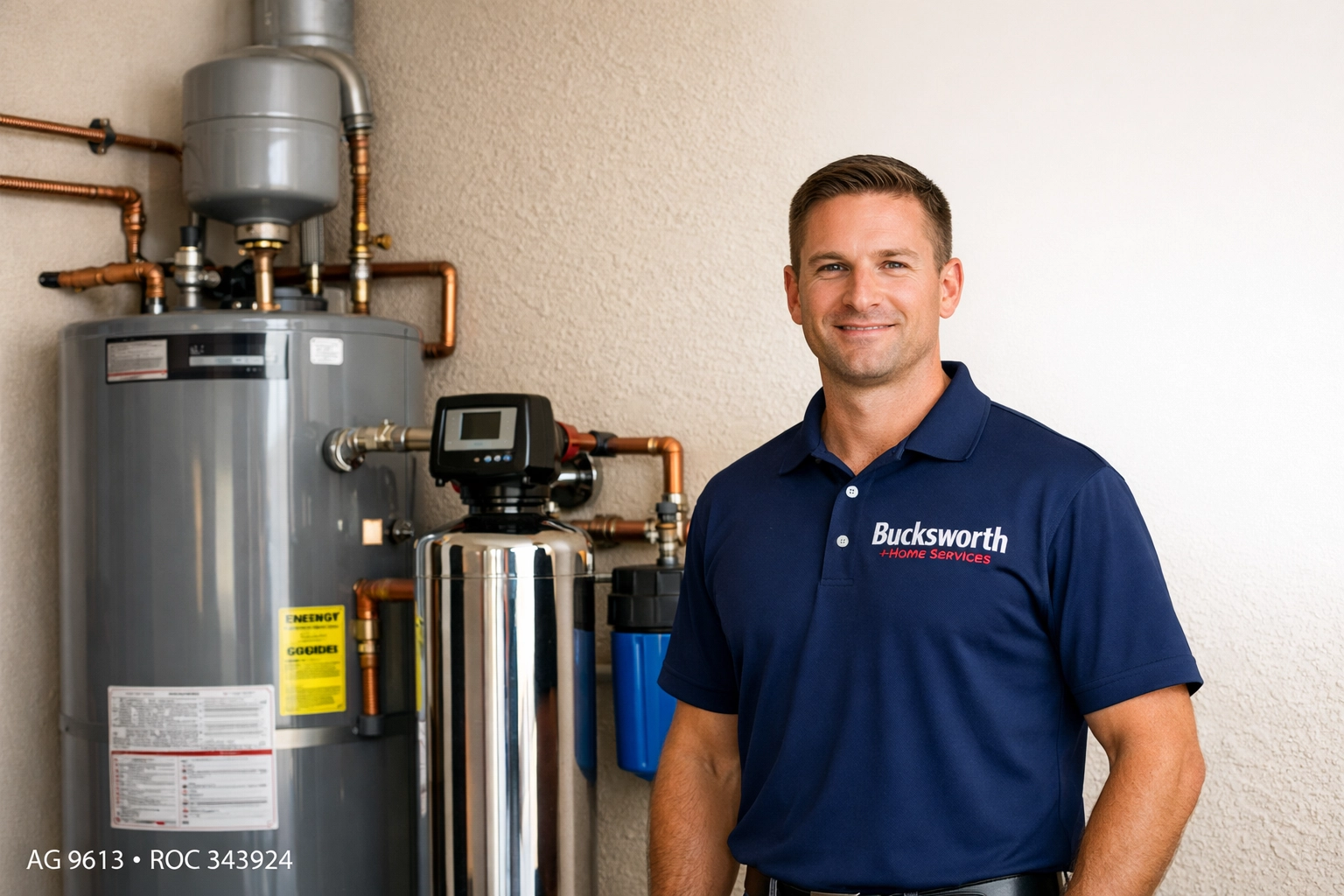 Bucksworth technician with a water heater and filtration system providing expert plumbing service in Maricopa, AZ.