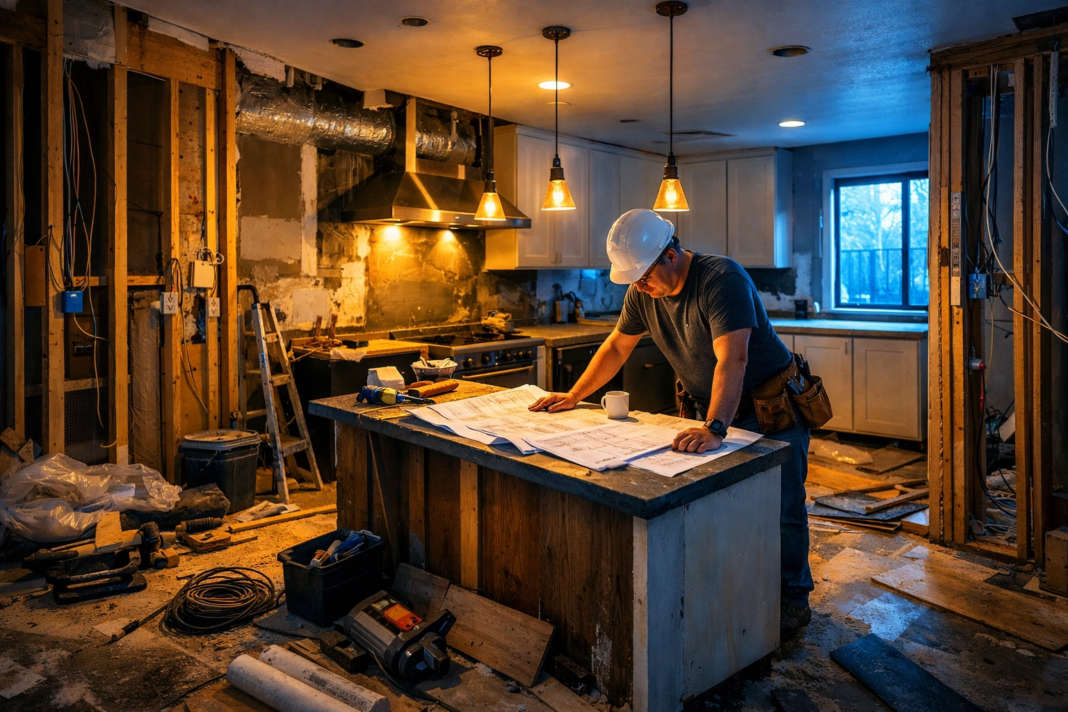Contractor reviewing kitchen remodeling plans in Houston home renovation project