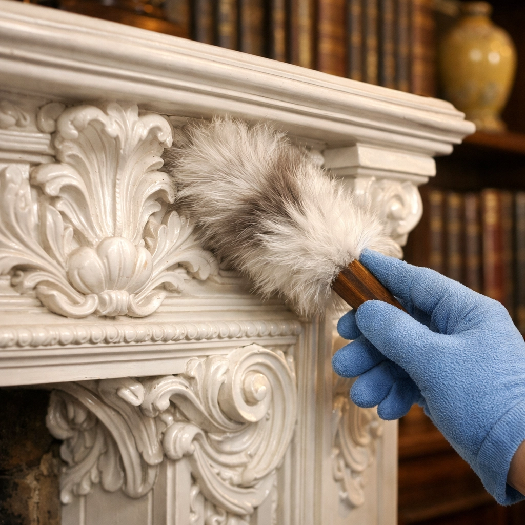 Professional dusting of an ornate white mantel in a historic Concord home study.