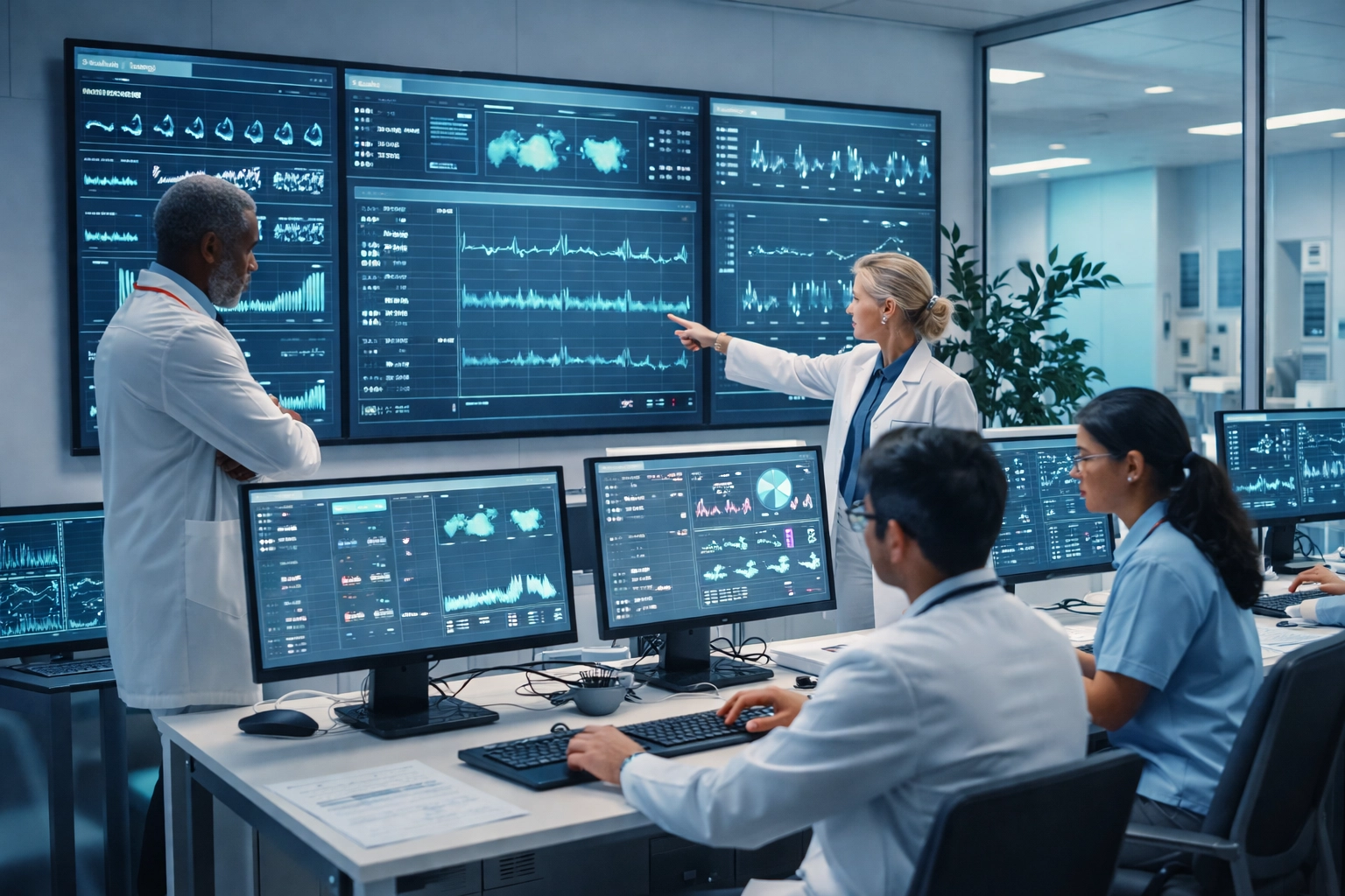 Healthcare professionals using real-time data dashboards in a hospital control room for predictive clinical decisions
