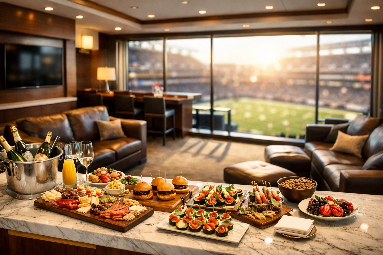 Exclusive luxury stadium suite interior with gourmet catering for Super Bowl corporate networking.
