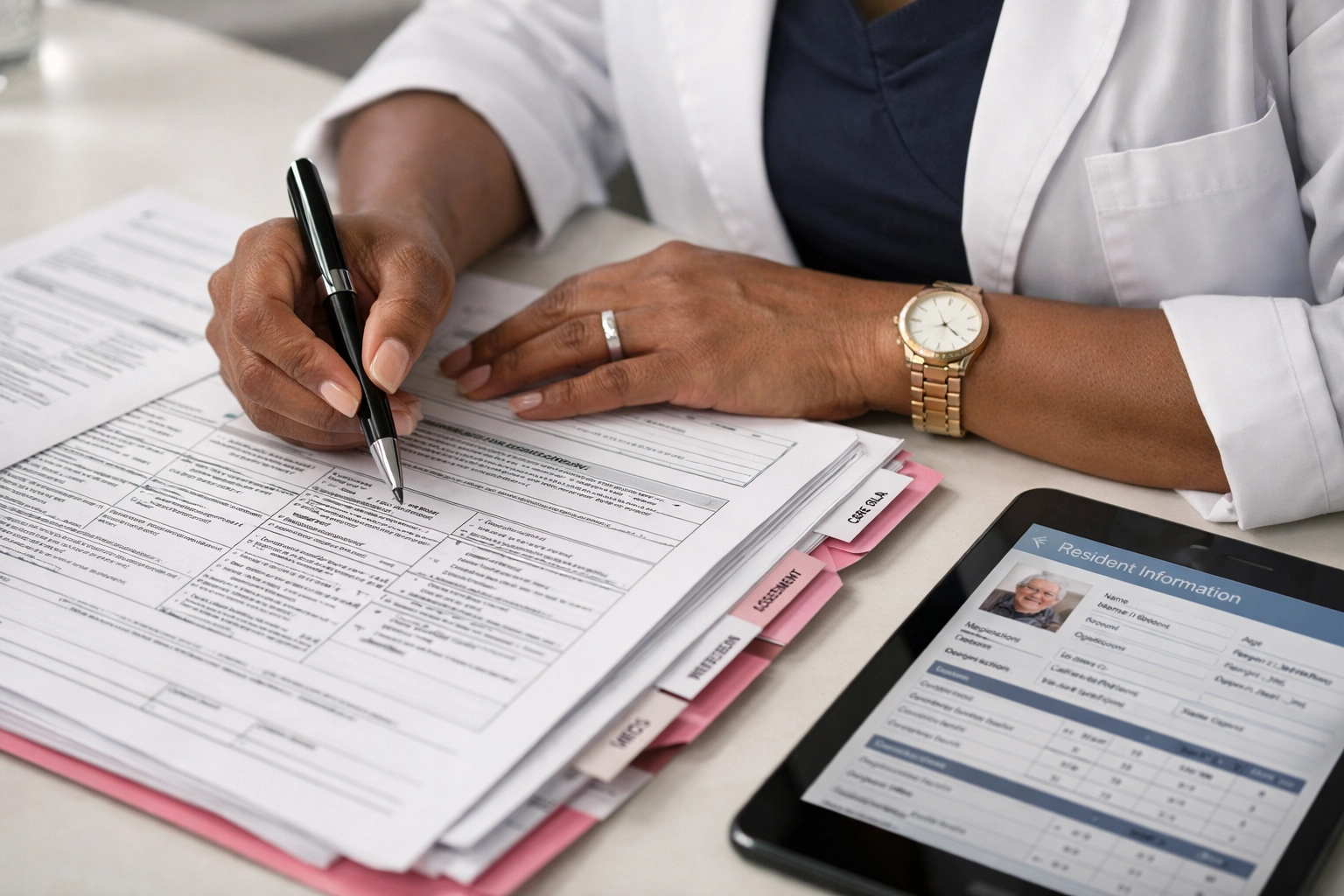 Director of nursing conducting medical record review and care plan documentation audit