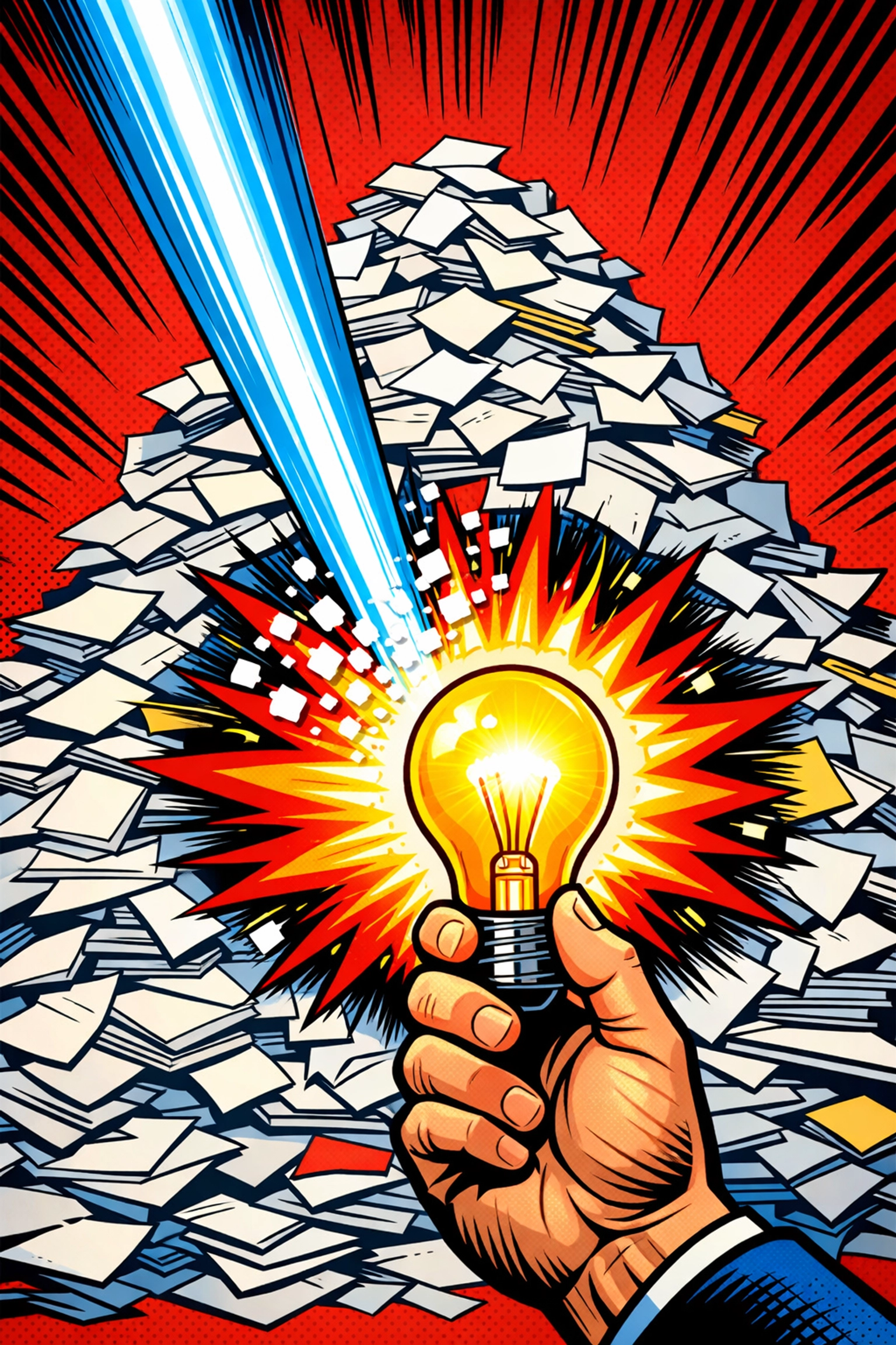 AI summarization tool transforming a mountain of messy paperwork into clear business insights and ideas.