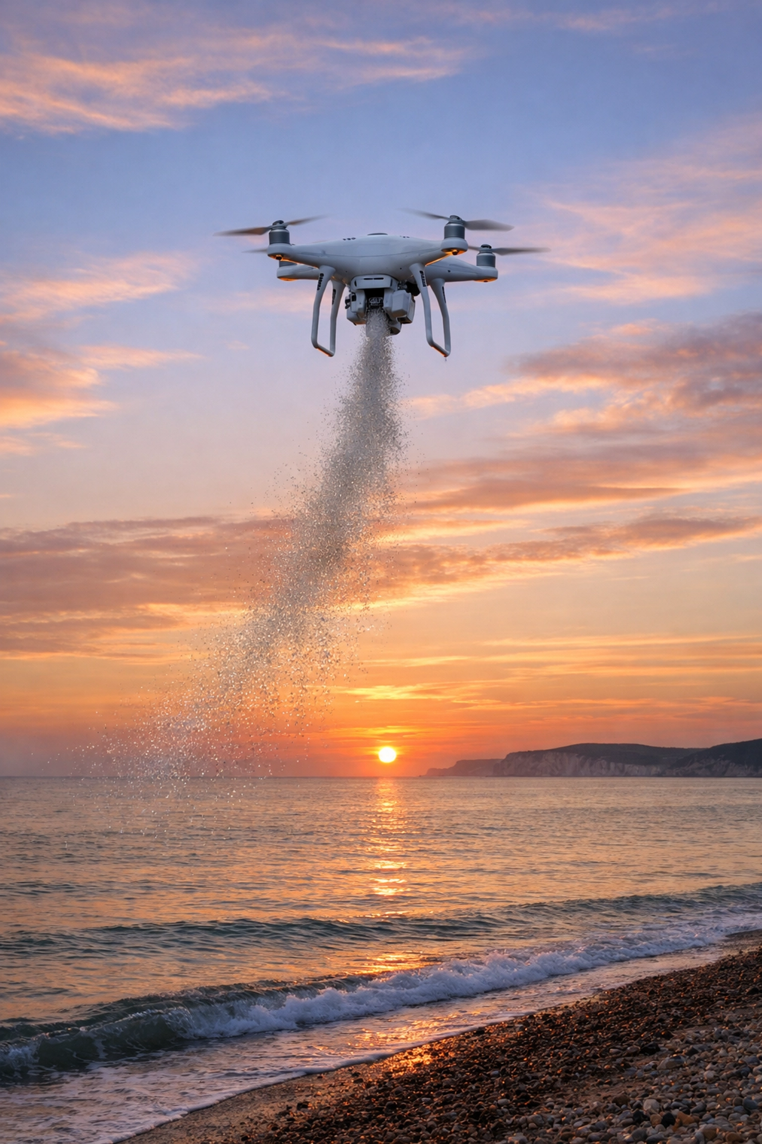 A serene drone ash scattering service over the sea at sunset, offering a dignified ashes scattering ceremony in the UK.