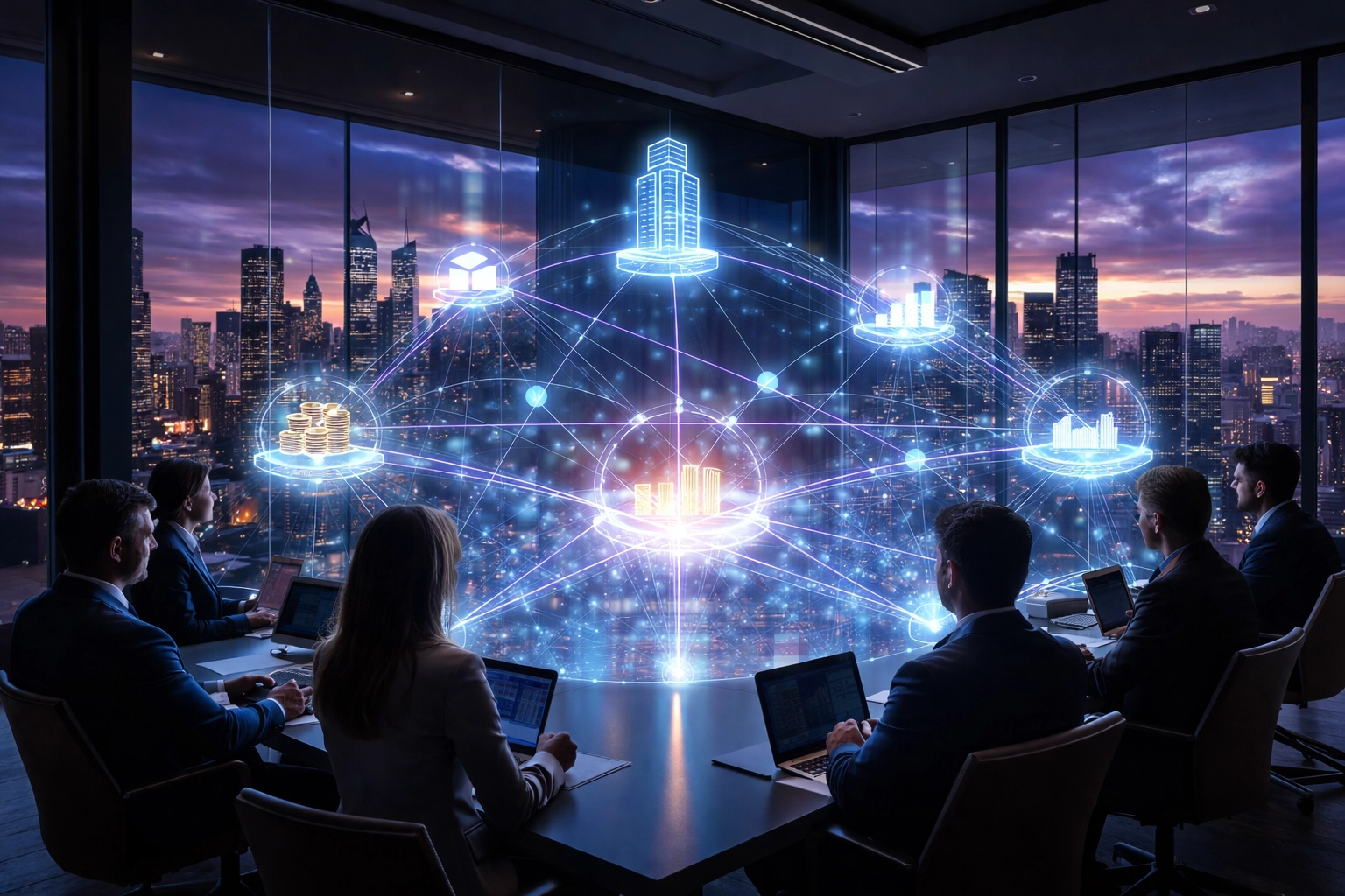 Conference room with holographic web of asset classes visualizes integrating real estate, digital assets, and equities.
