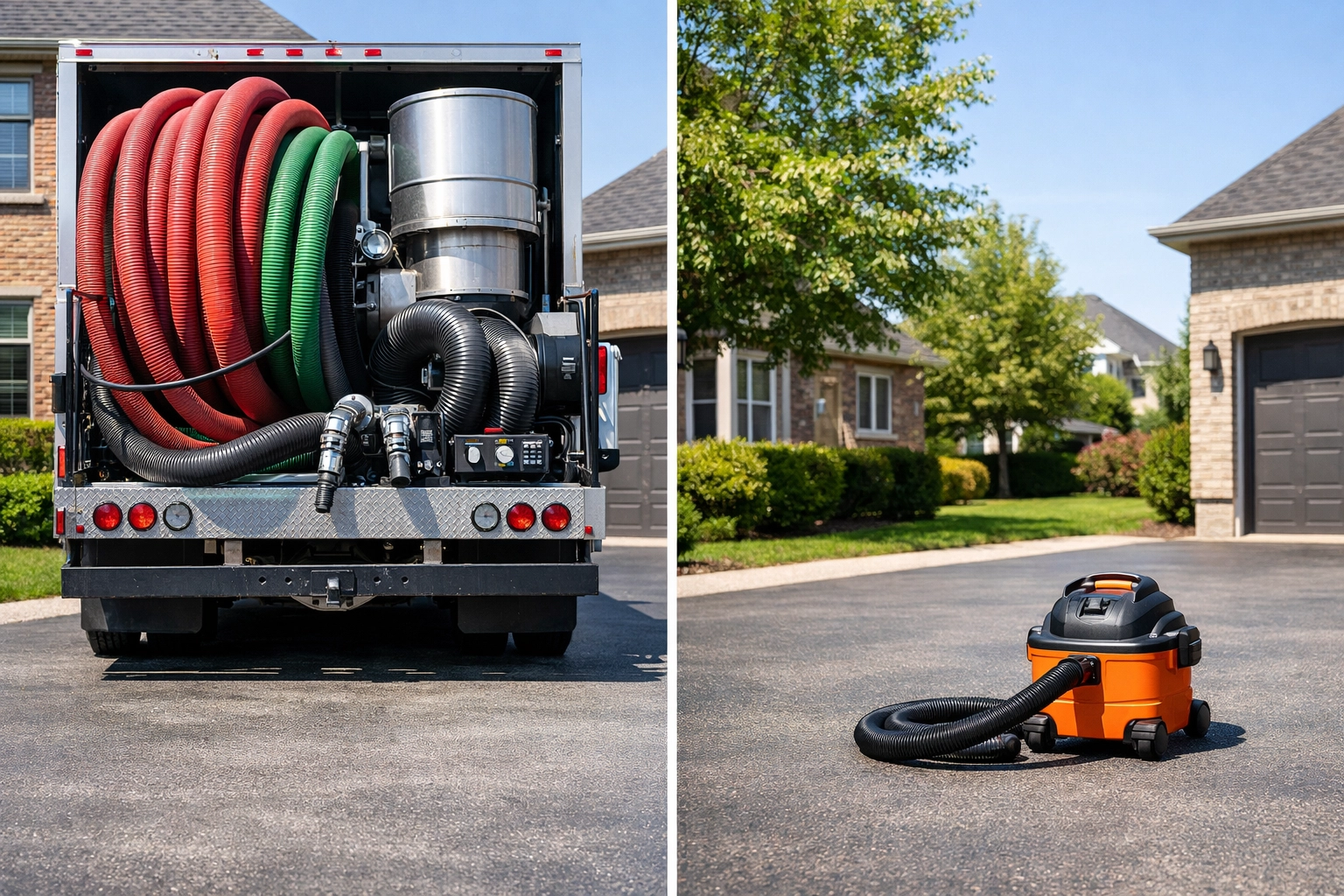 Professional truck-mounted equipment for air duct cleaning compared to a consumer shop vacuum.