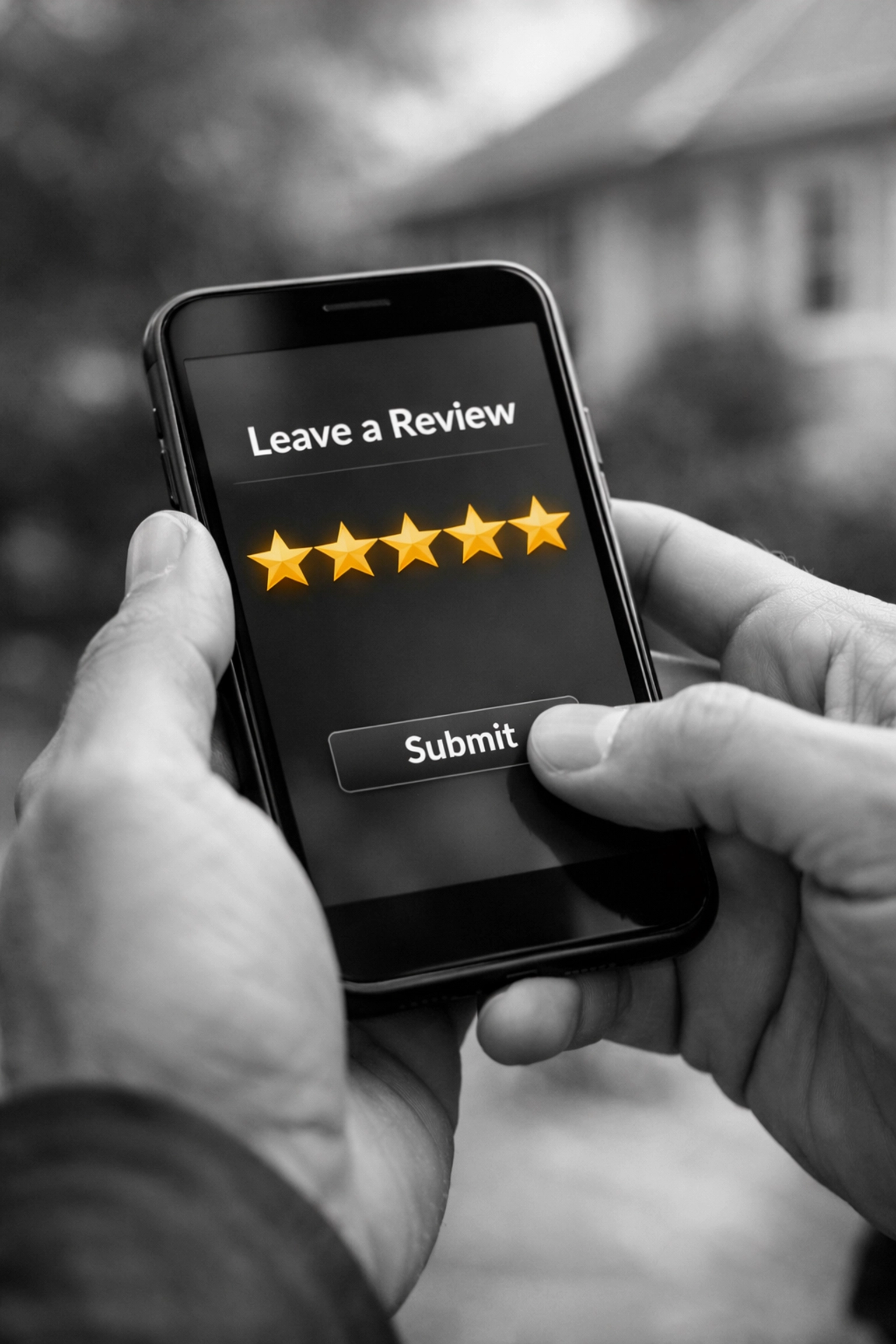 Customer reviewing five-star ratings for tree service company on mobile phone