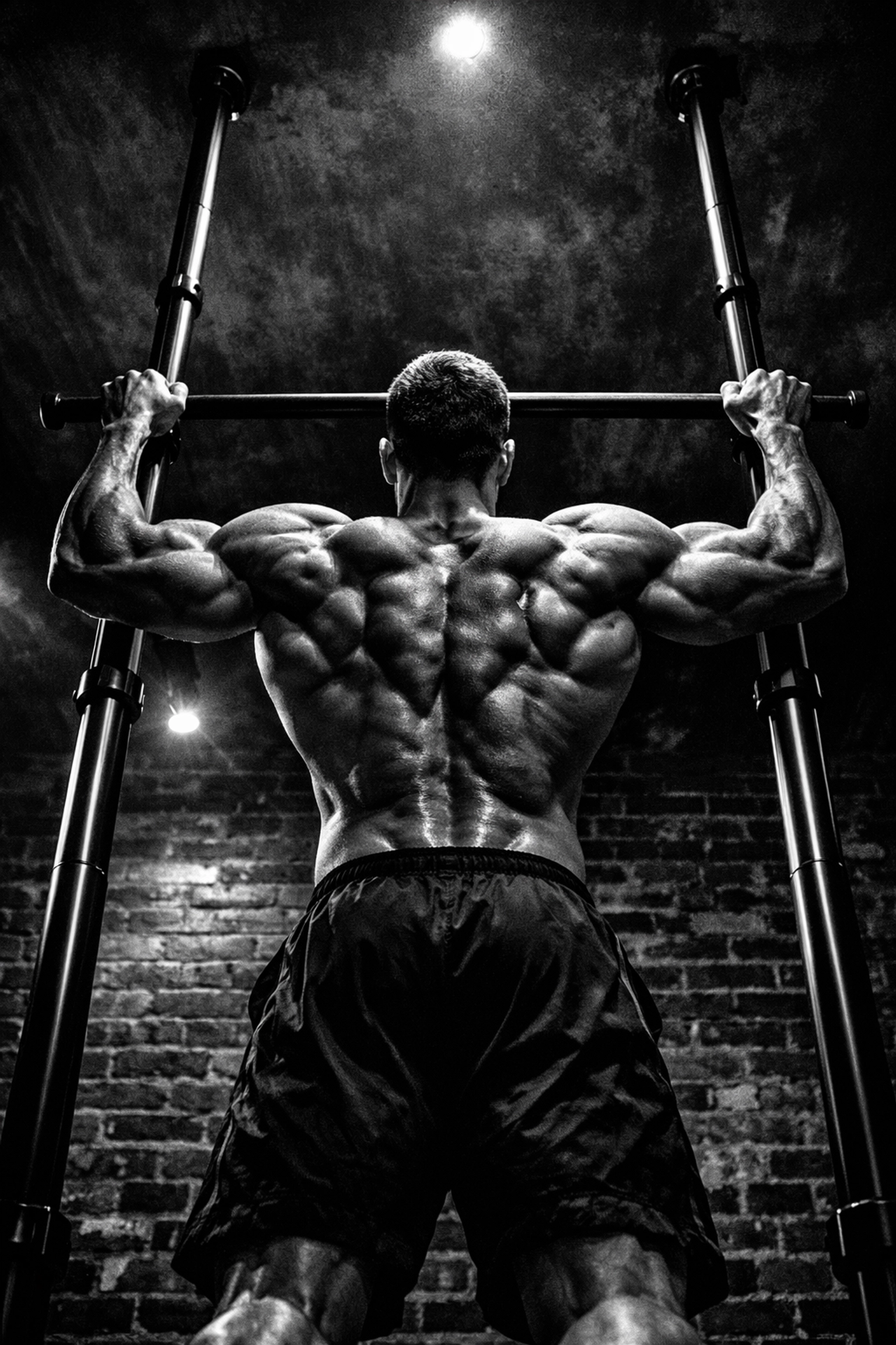 Athlete performing pull-ups on a floor to ceiling gym system for home calisthenics training.