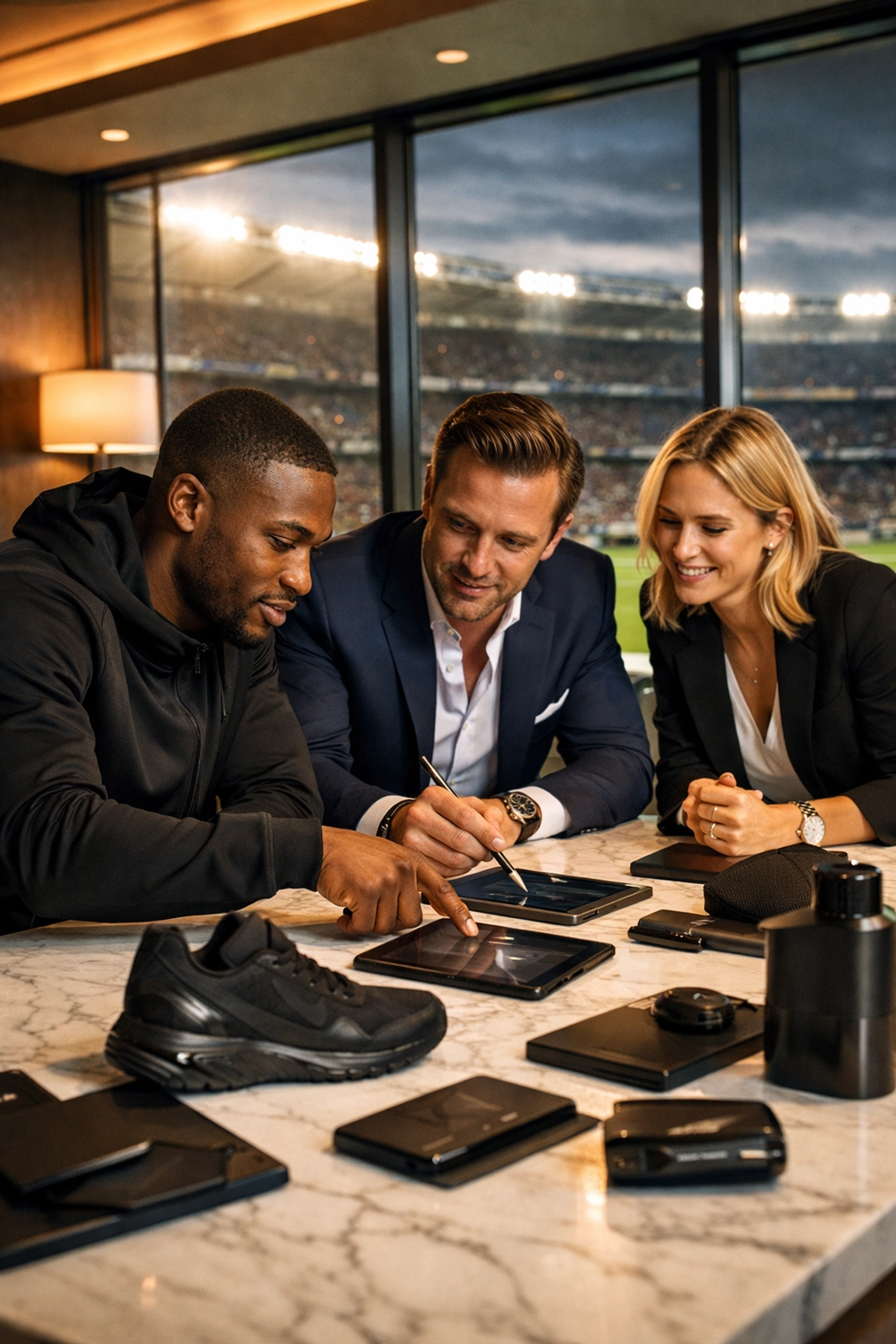 Professional athlete and branding experts developing a strategic NIL growth plan in a modern conference room.