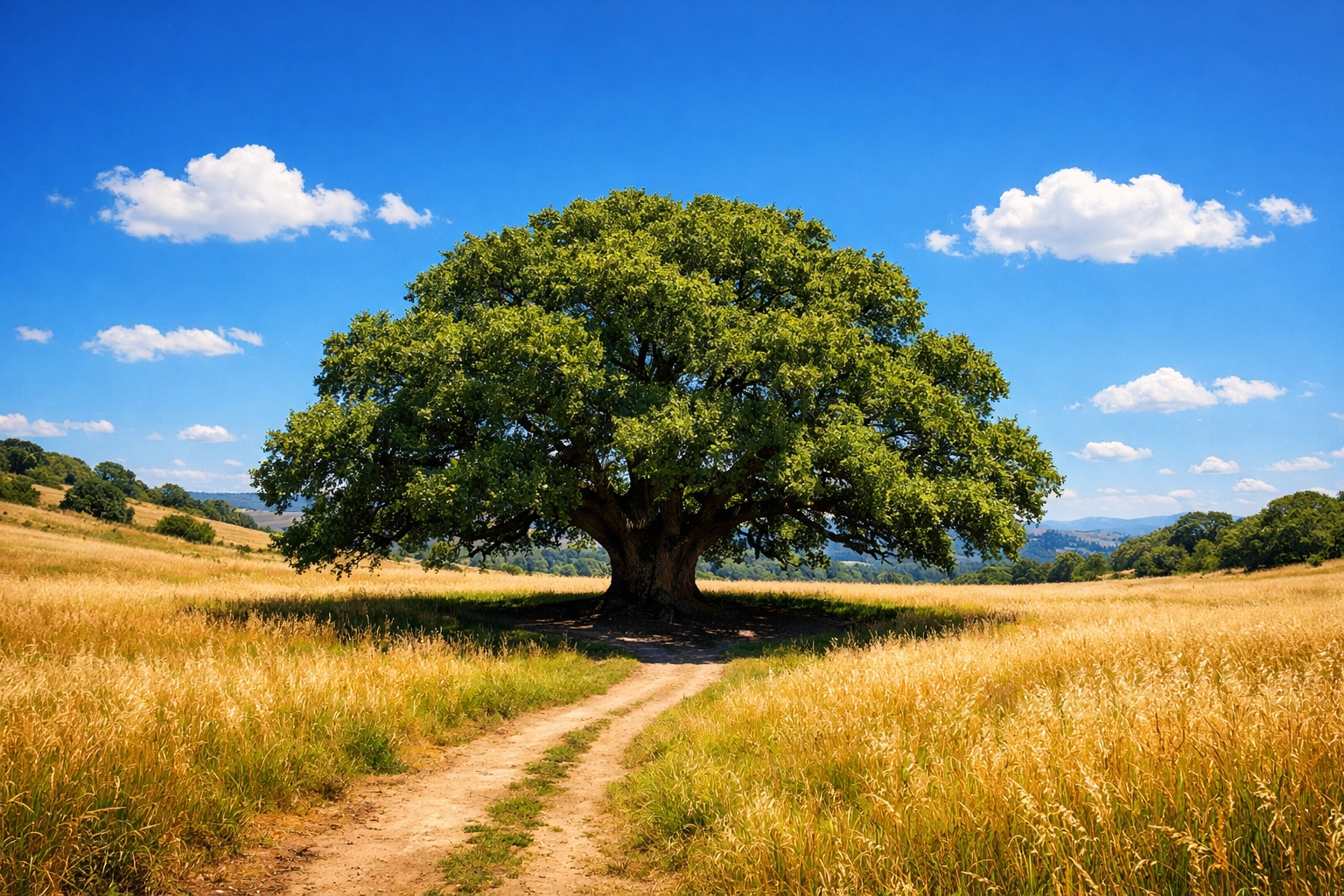 Oak tree in a sunlit meadow symbolizing rest and divine timing during the midday shift.