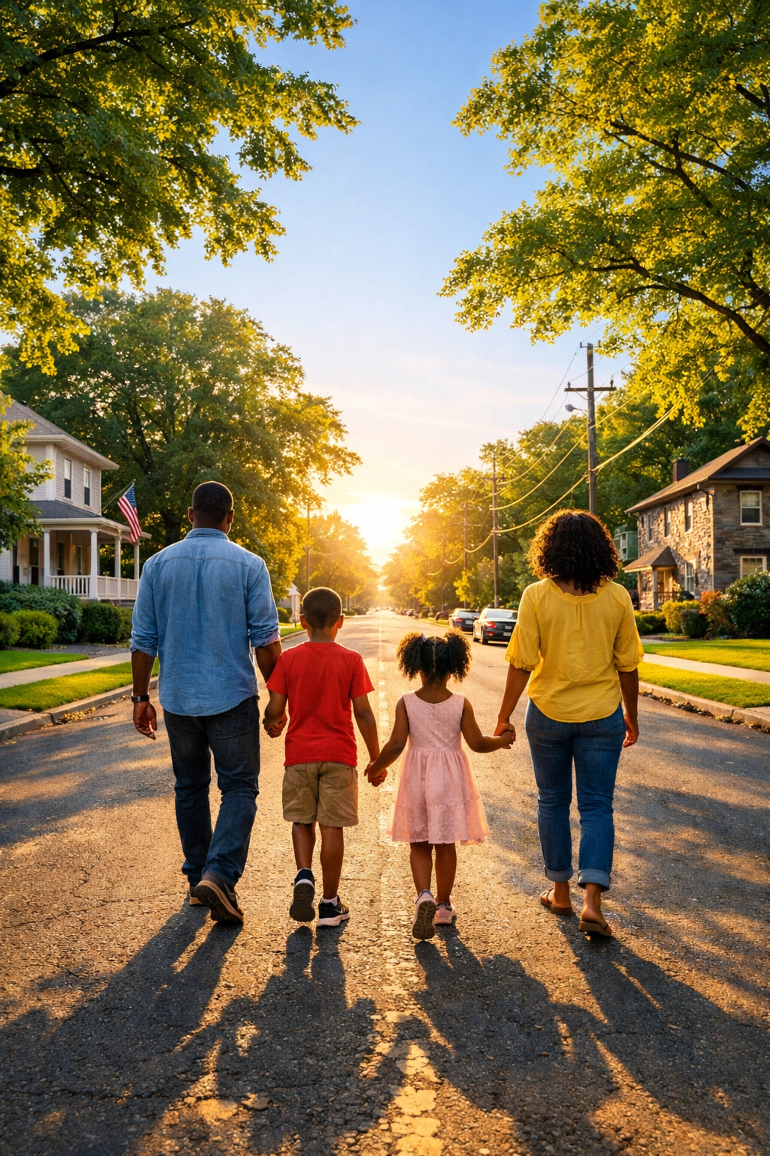 A Black family walking together after rebuilding with dignity through family assistance programs in New Jersey.
