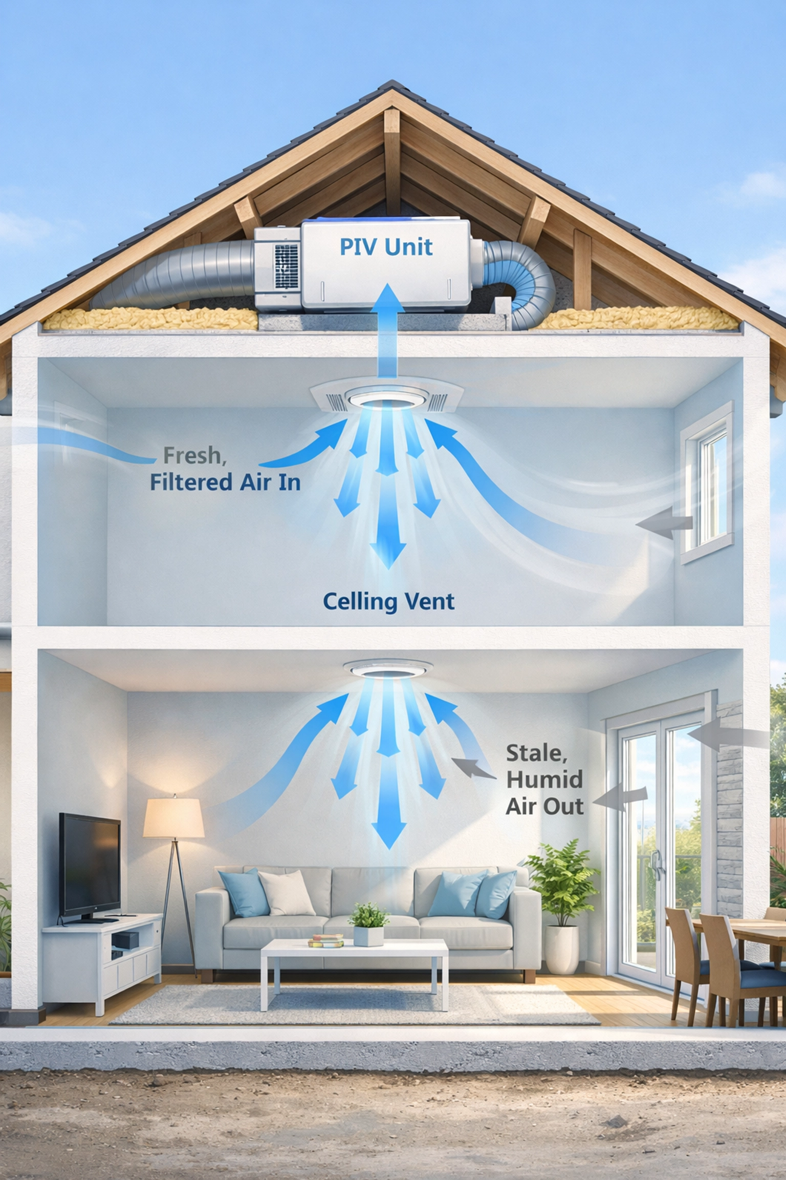 How a positive input ventilation system works showing airflow through a home