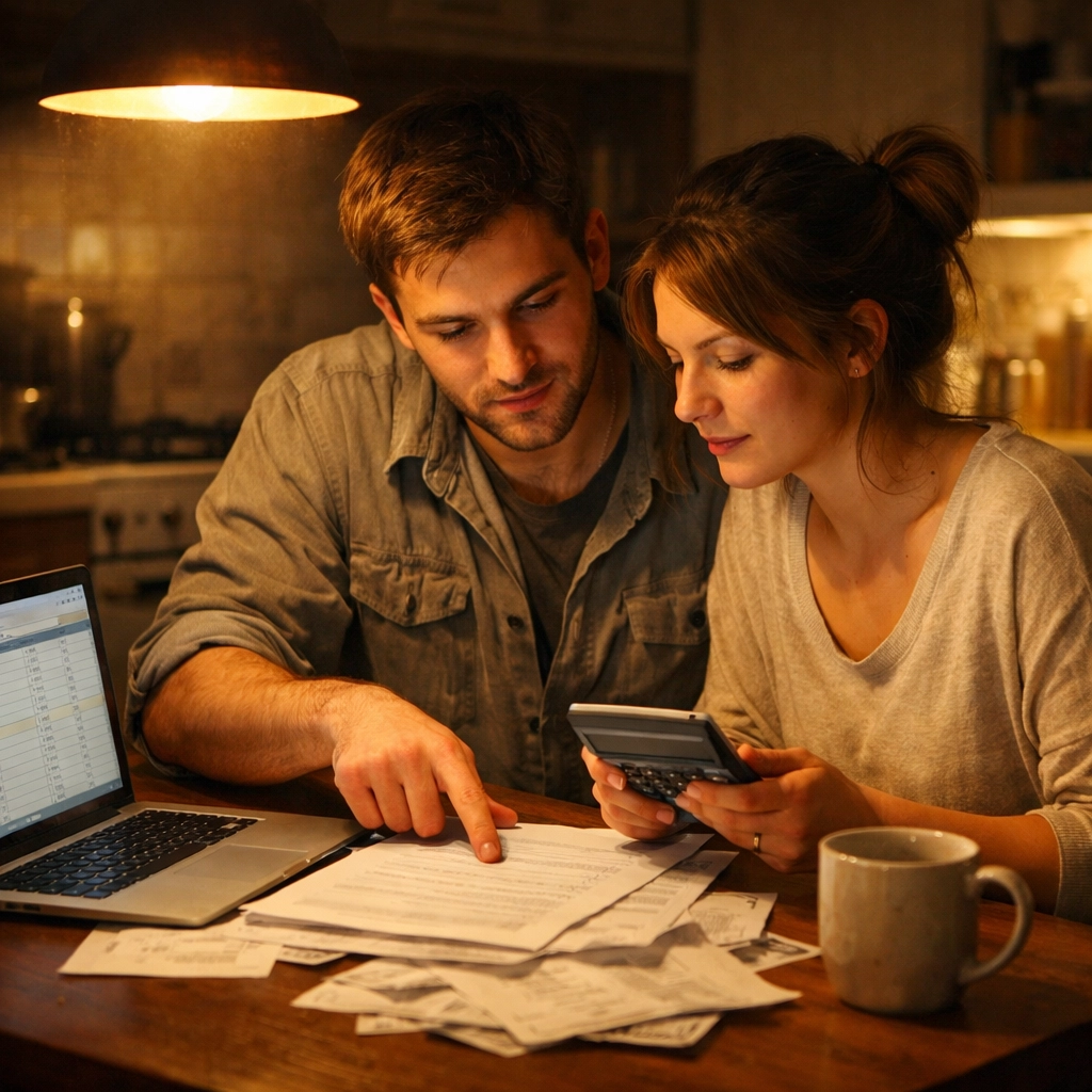 Couple reviewing financial documents and budget together at kitchen table showing family financial planning and protection