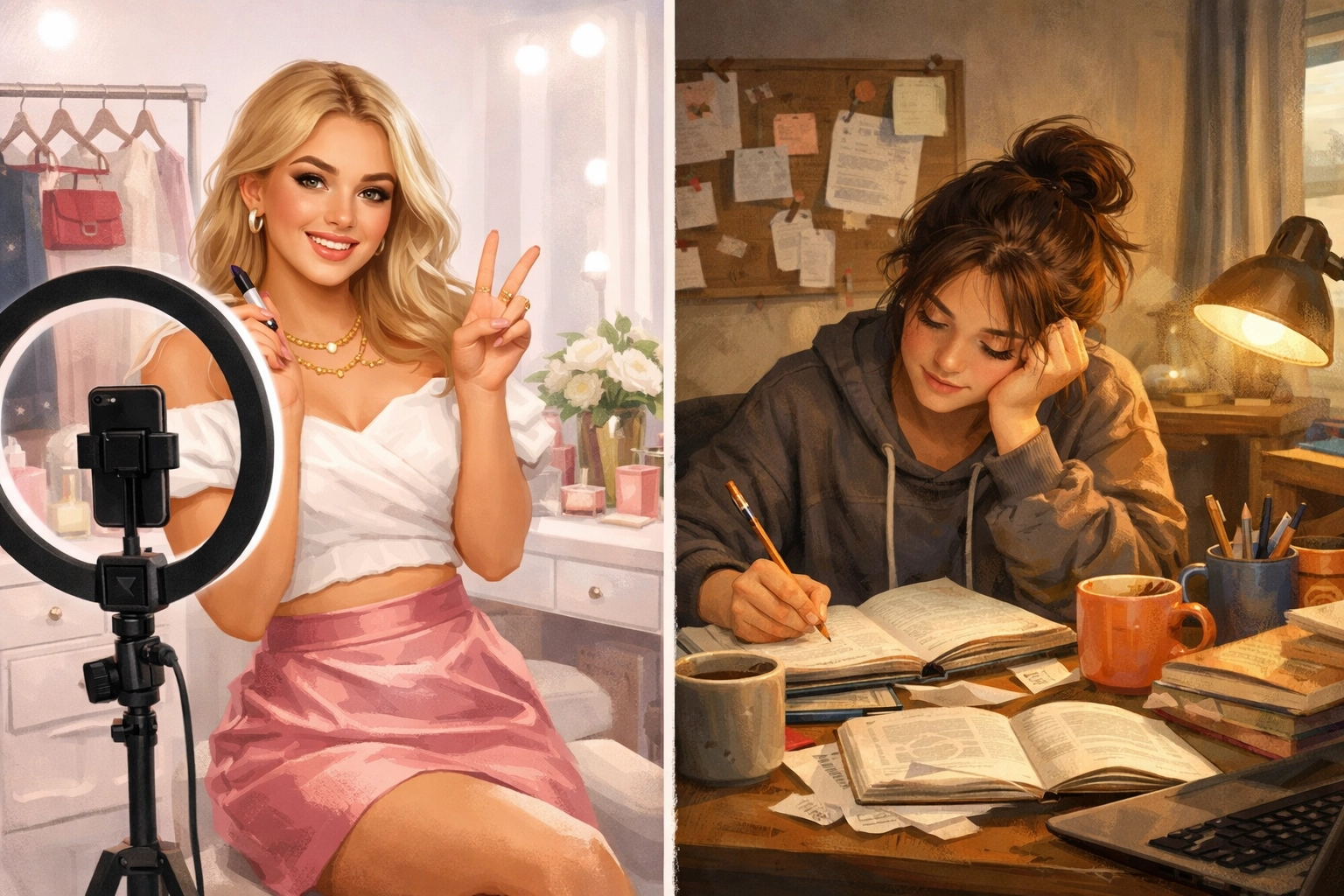 Comparison between polished influencer lifestyle and authentic teen reality illustrating curated content