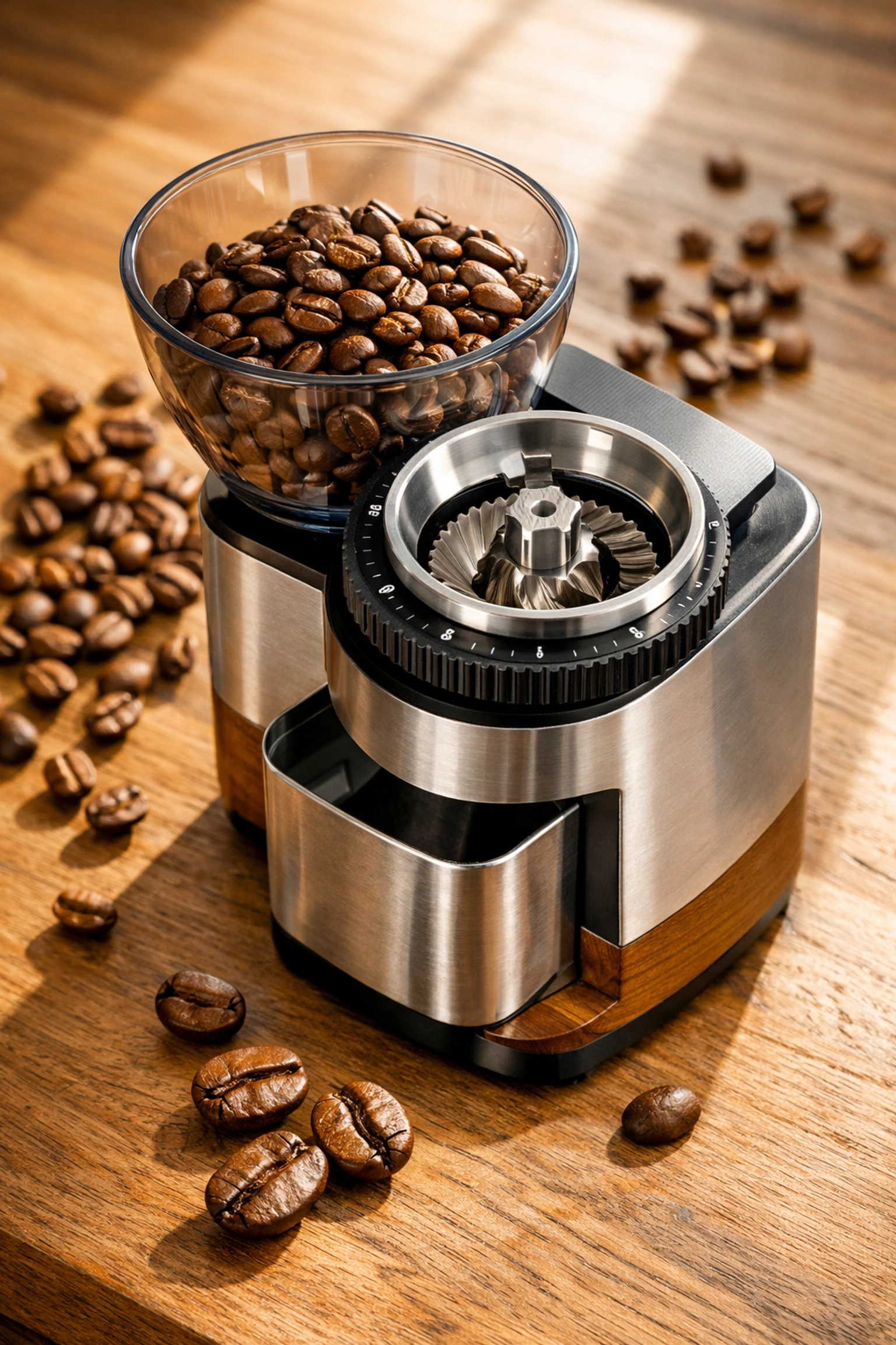 Premium burr coffee grinder with fresh coffee beans on wooden countertop for home brewing