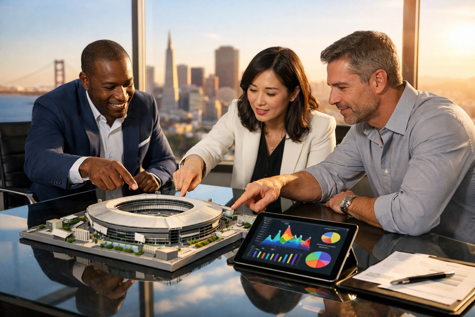 Business consultants in San Francisco planning future fan engagement strategies and stadium events.