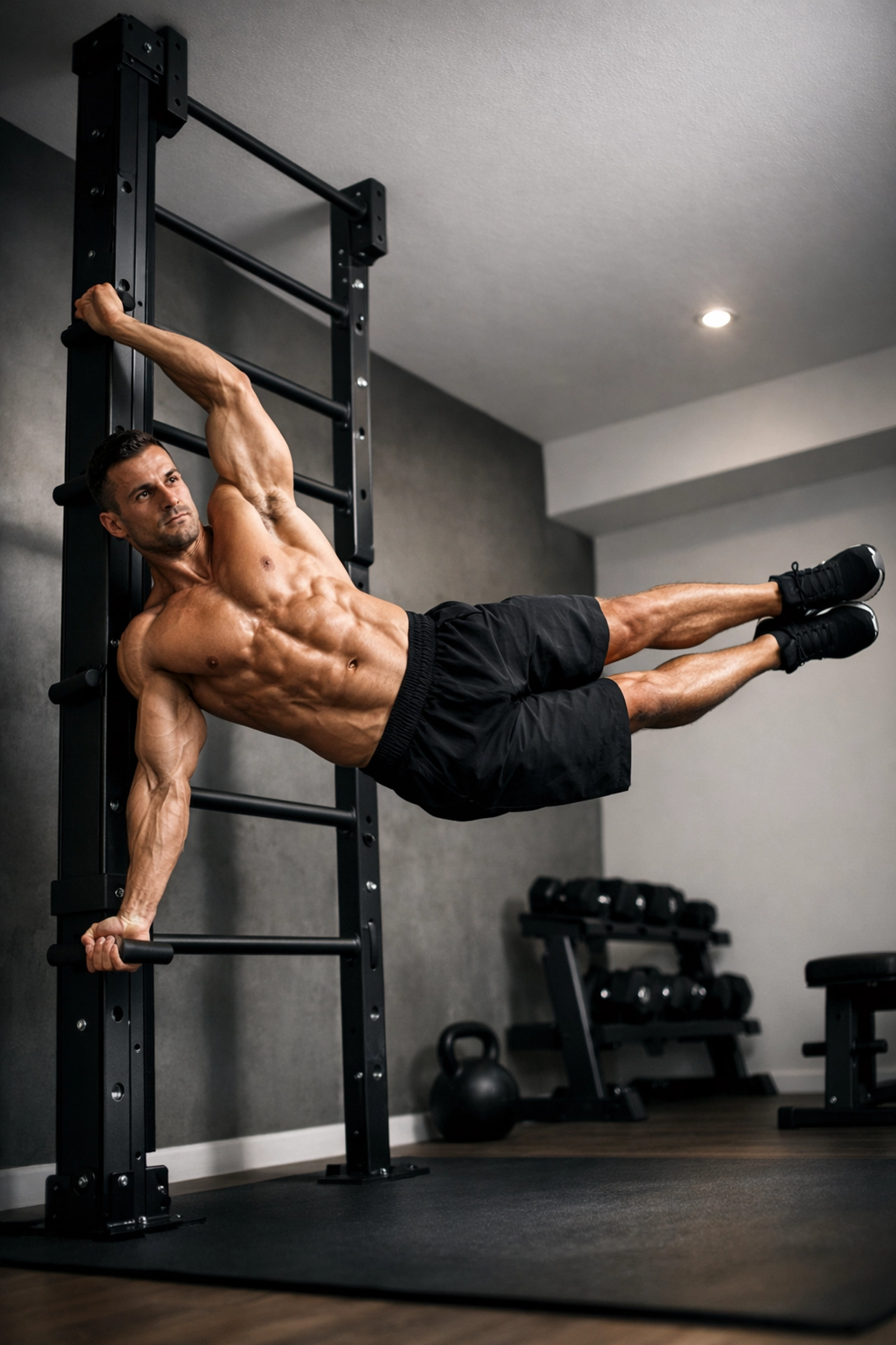 Athlete performing advanced calisthenics front lever on floor-to-ceiling home gym system