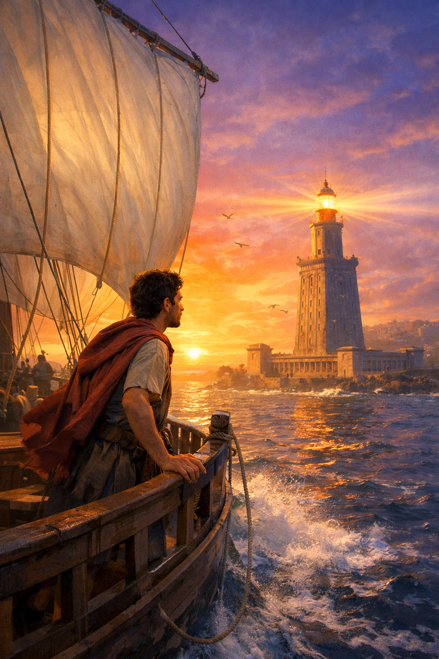 Ancient merchant ship sailing toward Alexandria, representing the rapid spread of the message of Christ.