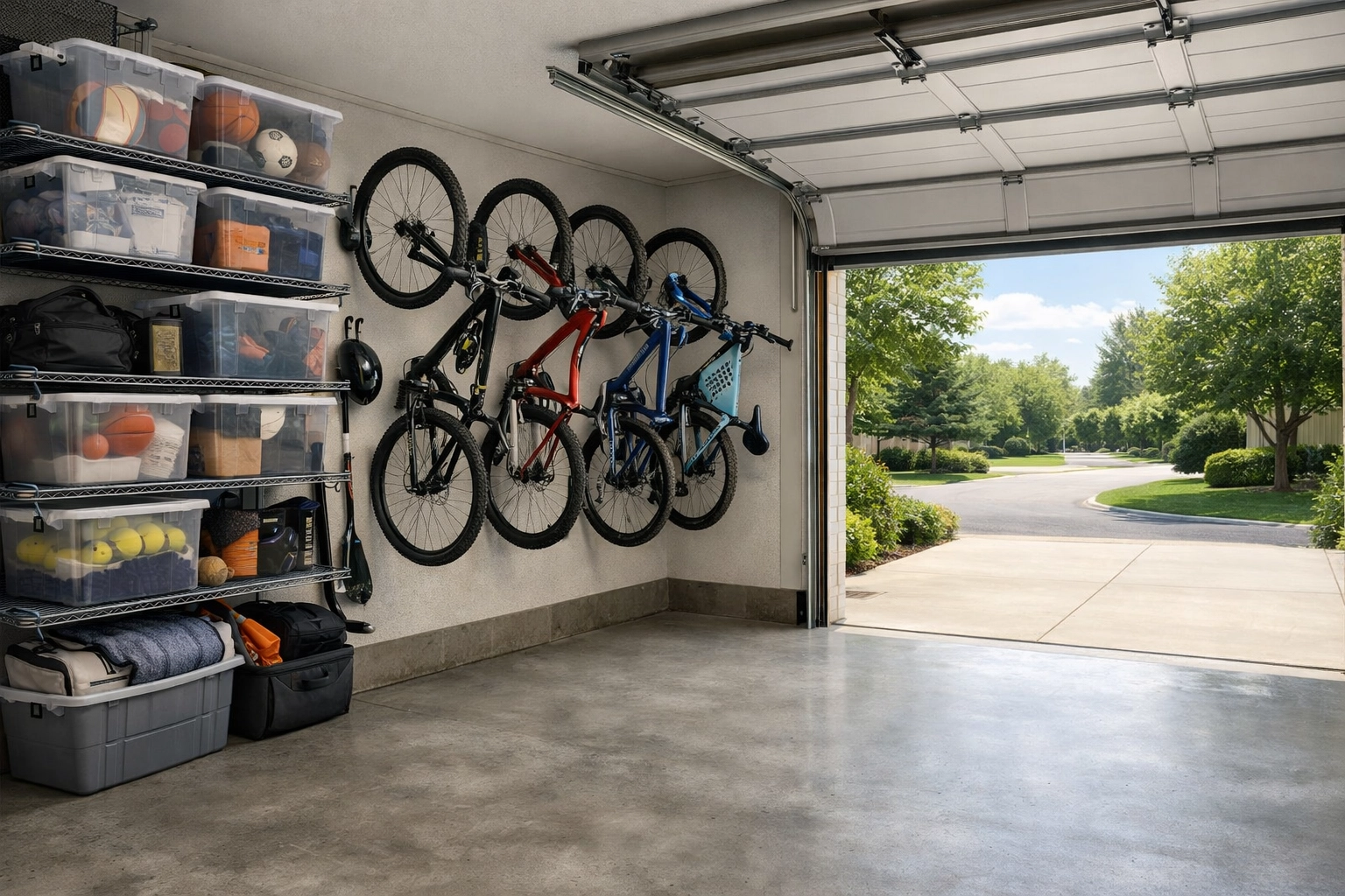 Organized garage with bikes mounted on wall hooks and sports equipment stored safely