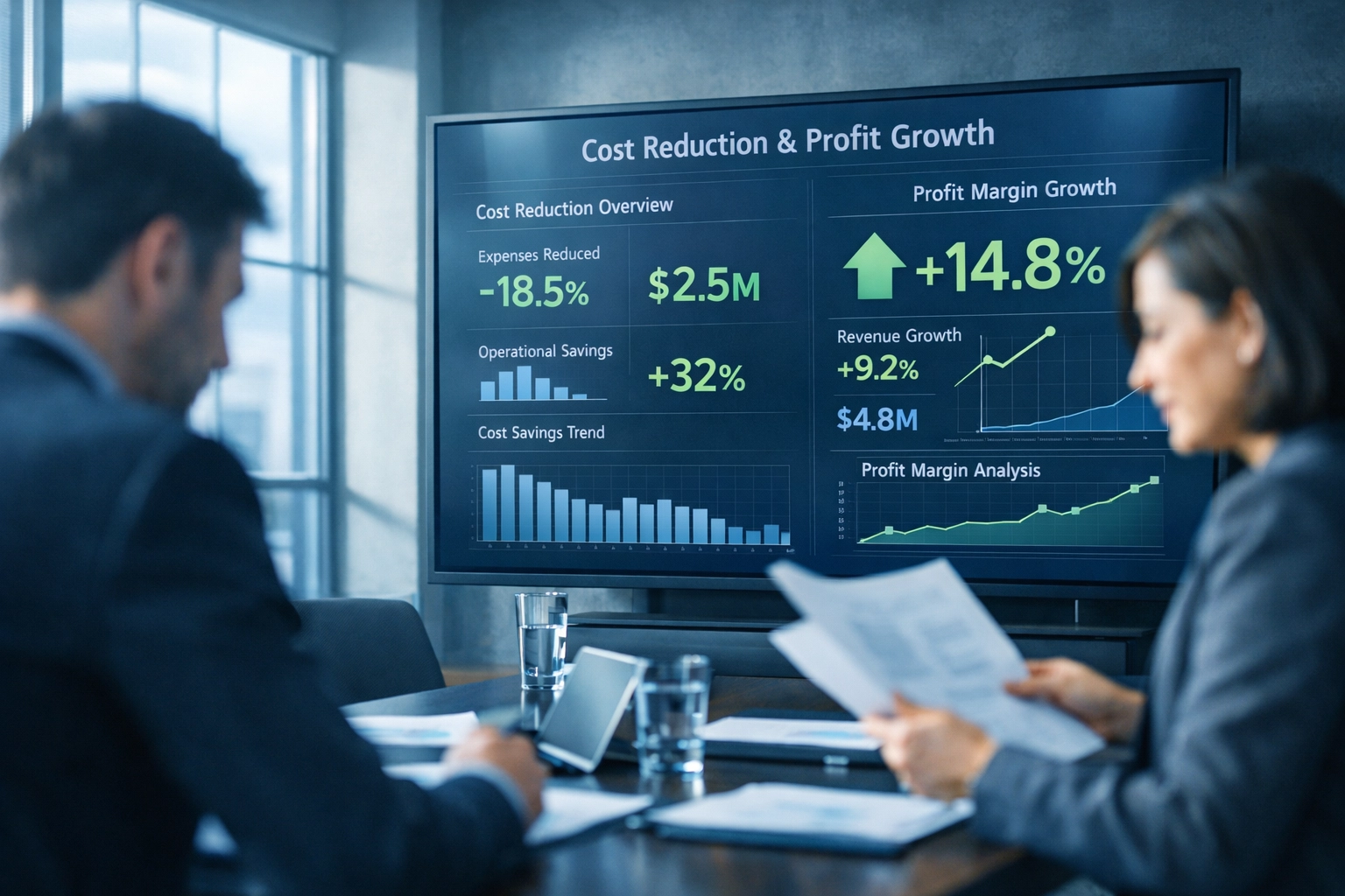 IT professionals reviewing financial dashboard showing cost reduction metrics from vendor consolidation