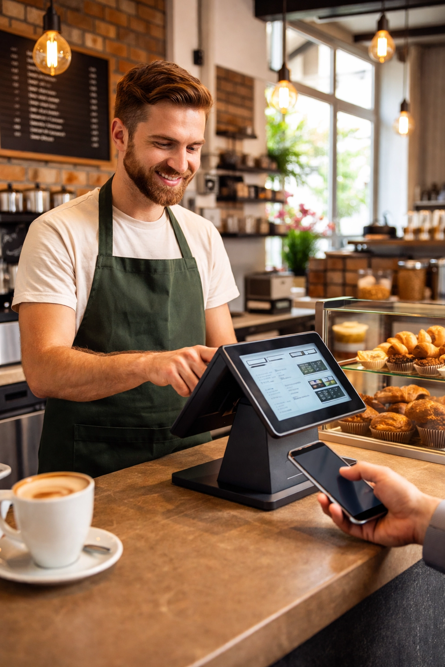Barista using Epos Now POS system in a UK coffee shop for contactless payment and inventory management