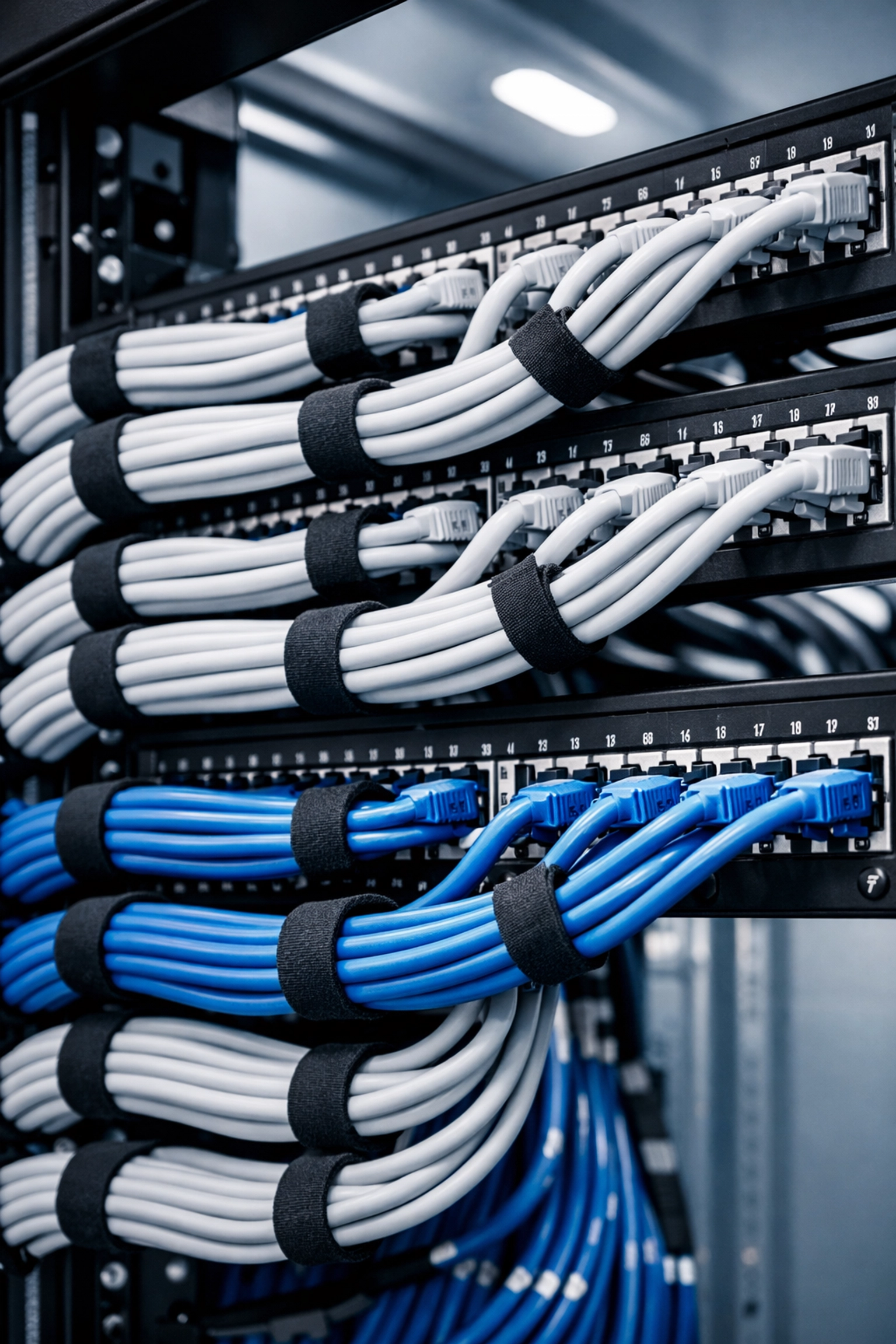 Professionally organized Cat6A structured cabling inside a clean network cabinet.