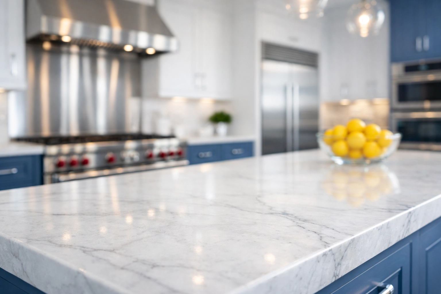 Spotless chef's kitchen with quartzite island from professional luxury house cleaning in Lincoln.
