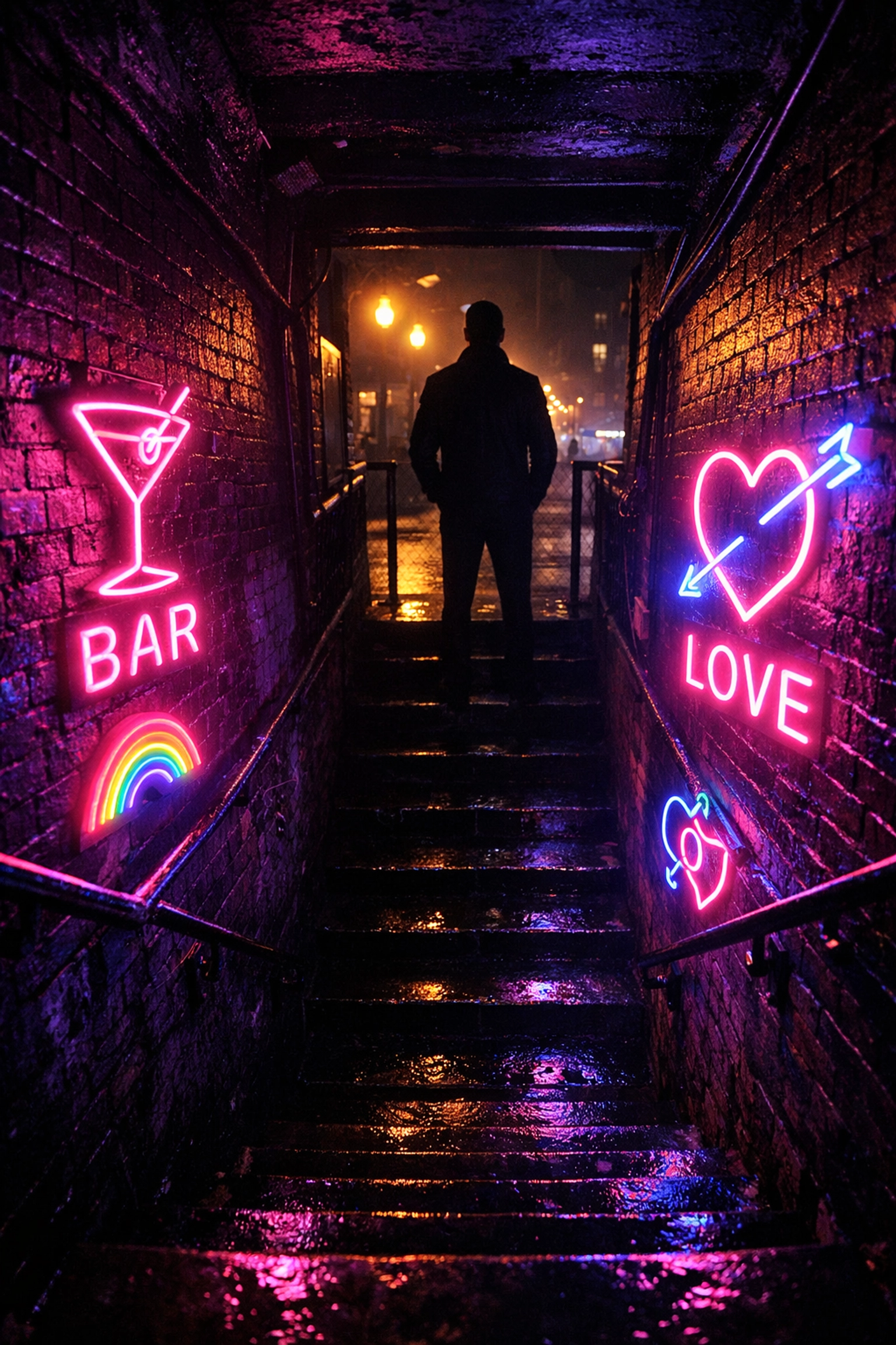 Underground gay bar entrance with neon lights revealing the hidden LGBTQ+ nightlife culture