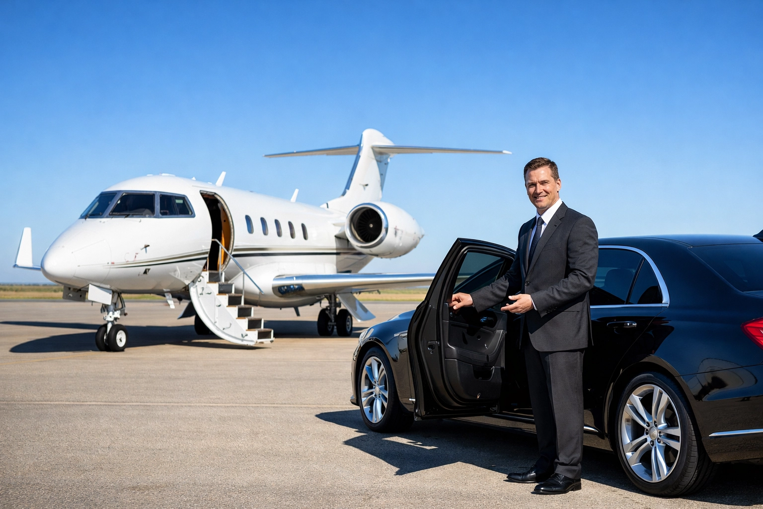 Chauffeur service for executive travel with a private jet and sedan at a VIP airport terminal.