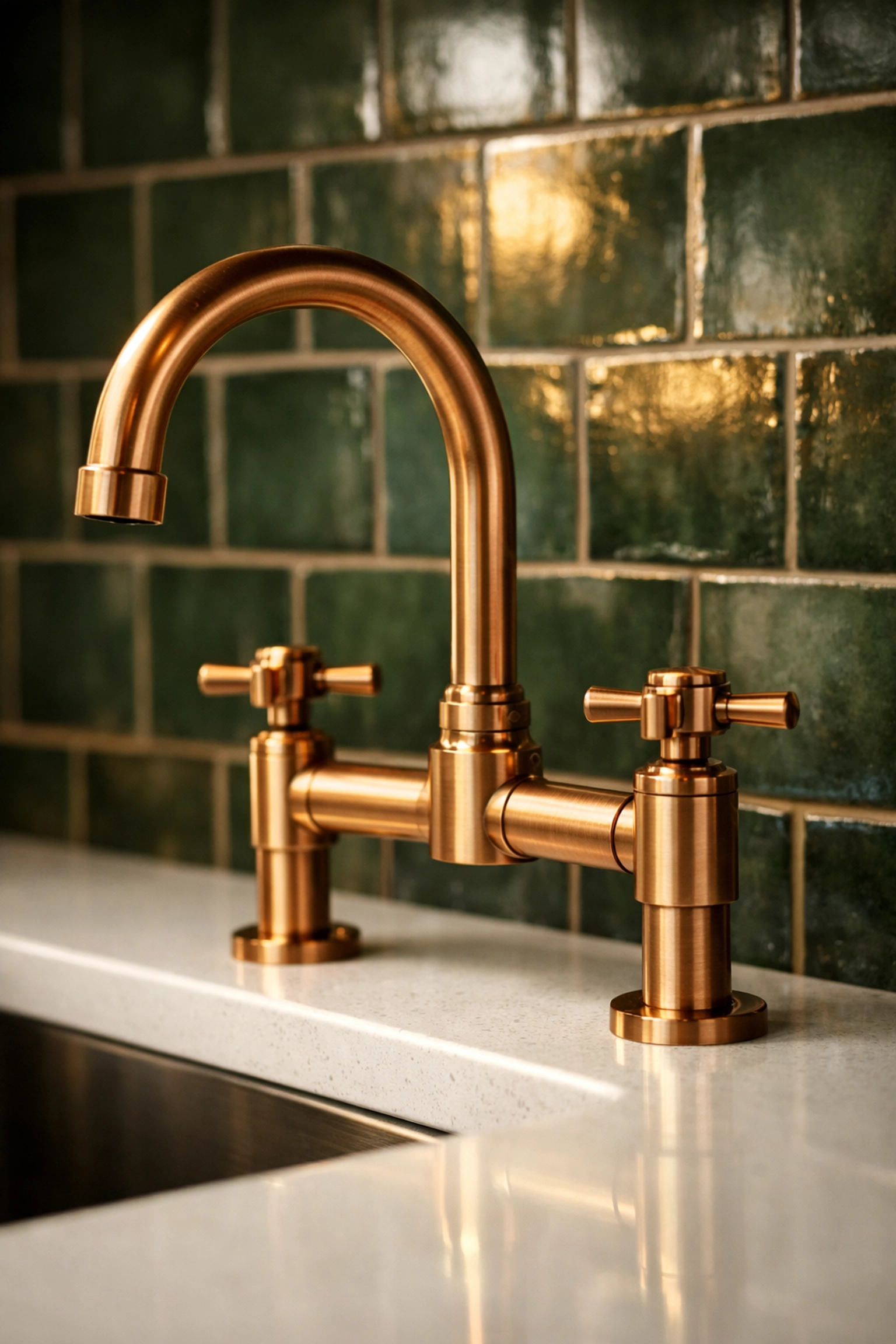 Close-up of a copper tap and quartz worktop in a professional kitchen installation West Sussex.