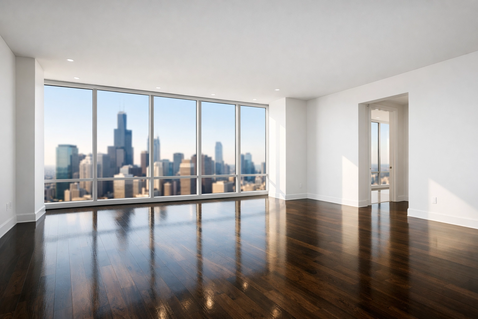Sun-drenched vacant Chicago high-rise apartment with polished hardwood floors ready for a new tenant.