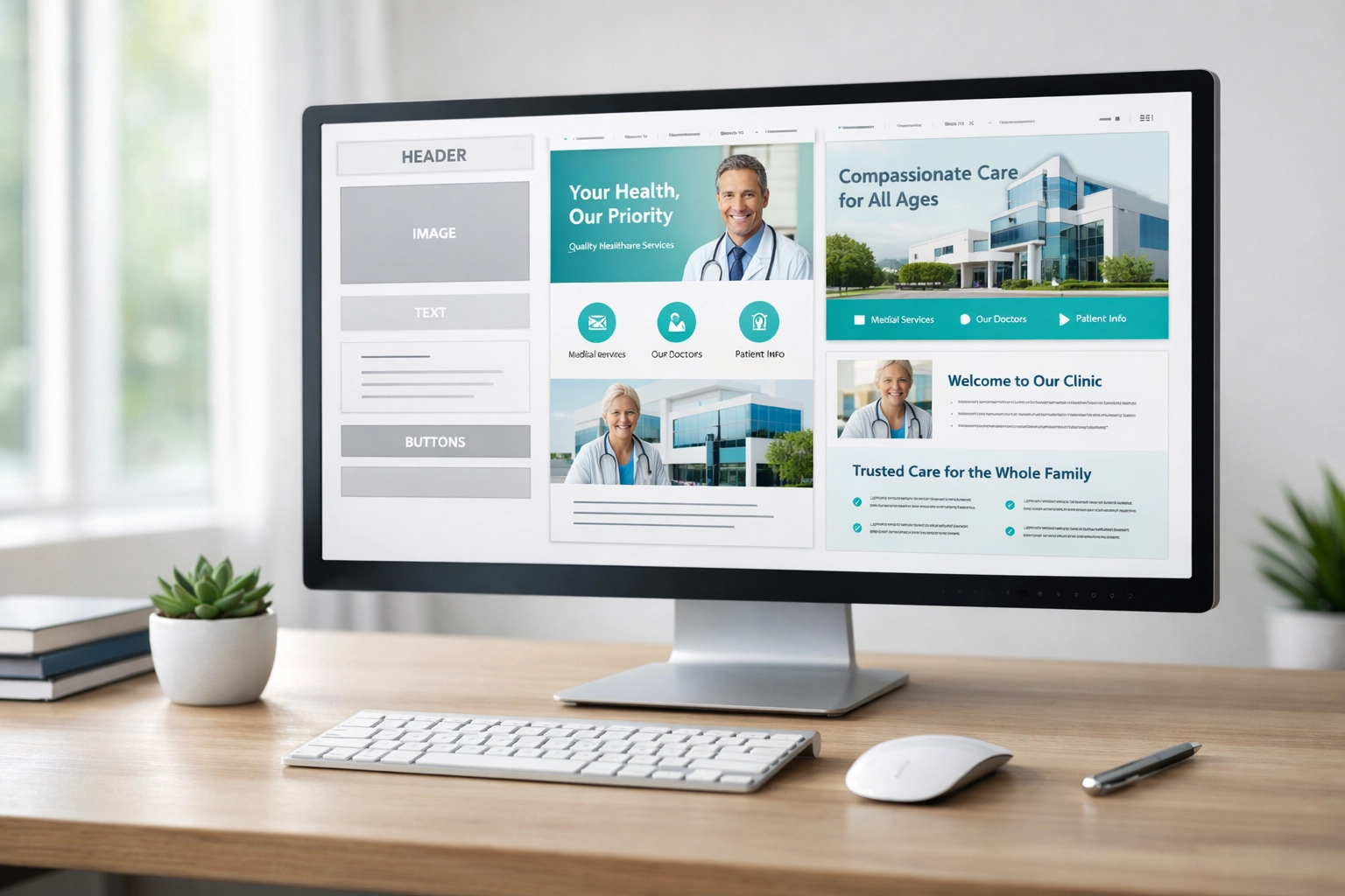 Healthcare website design workspace with rehab facility wireframes and optimization mockups