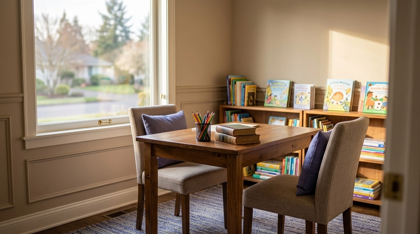A cozy, professional tutoring room in Gresham, Oregon, featuring a small wooden desk, soft natural light, and shelves of children's books.