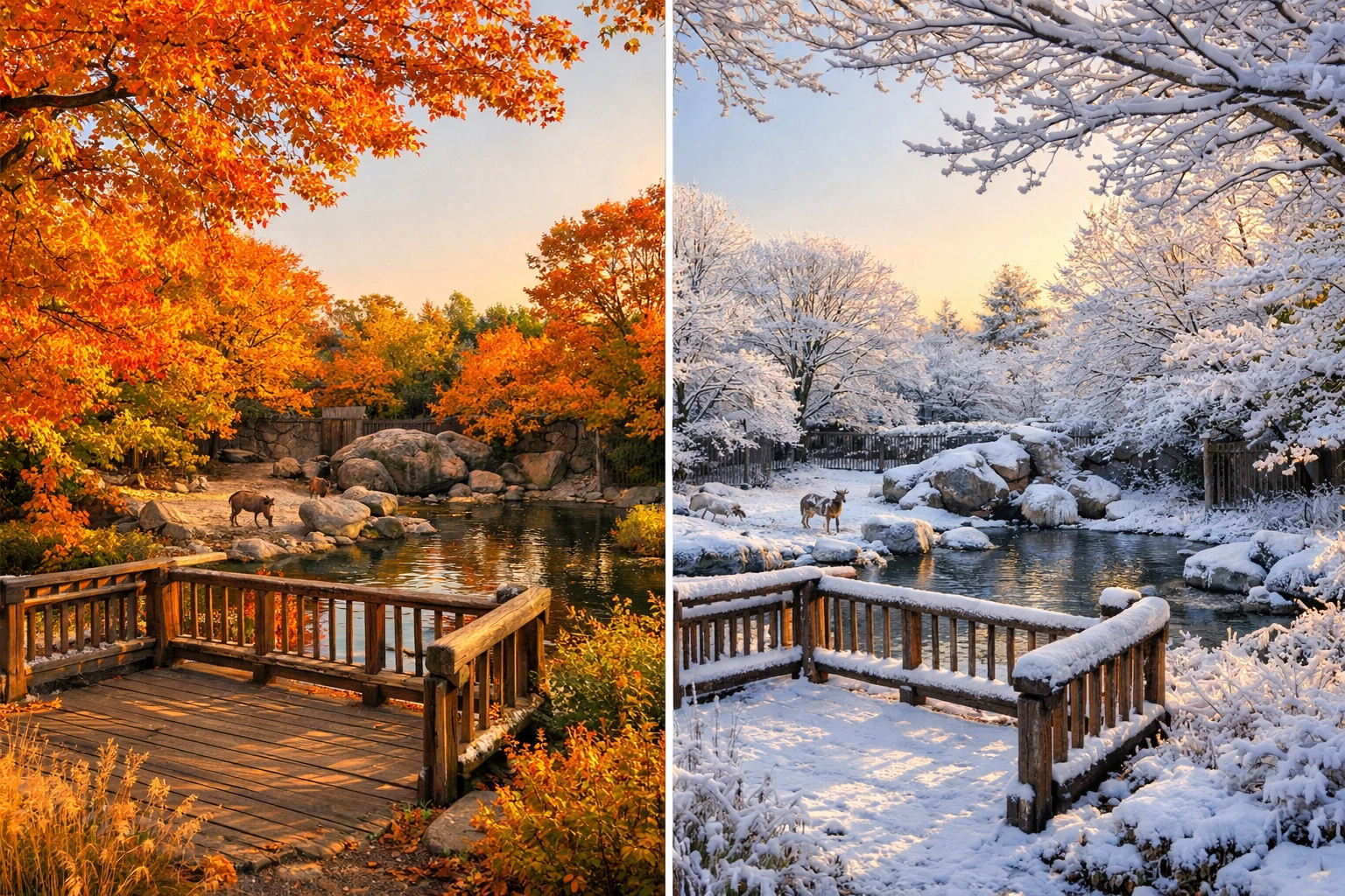 Zoo habitat seasonal comparison showing autumn foliage and winter snow transformation