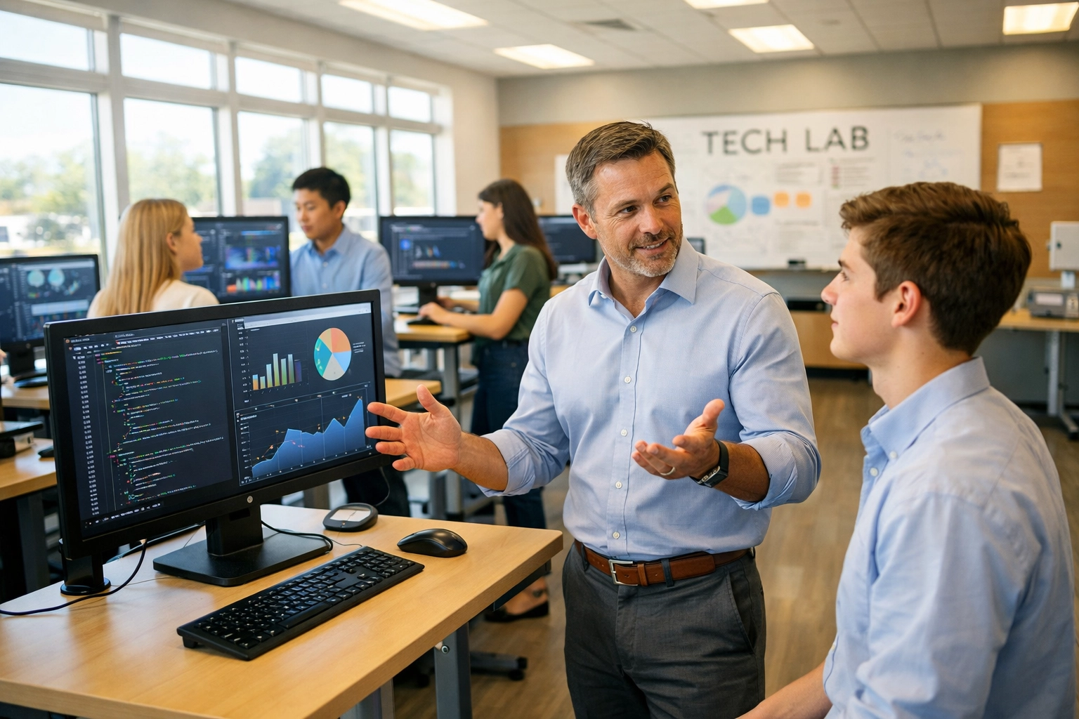 High school tech classroom with mentor teaching cloud and AI skills to students