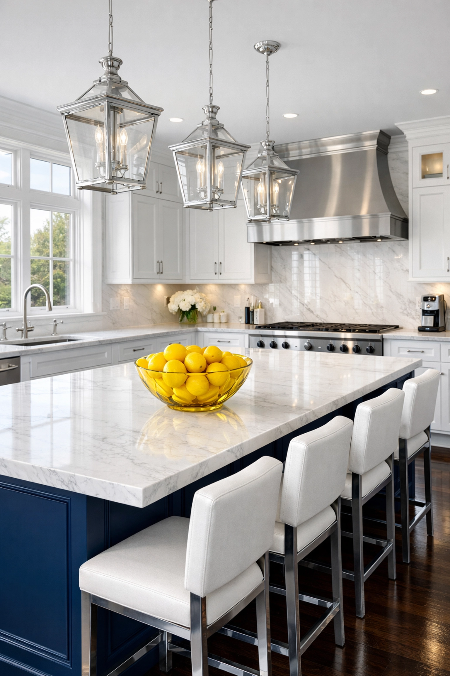 Spotless luxury kitchen in Westborough with clean marble countertops and polished hardwood floors.