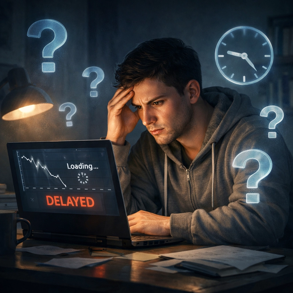 LGBTQ+ author frustrated by delayed book sales data and confusing analytics on laptop