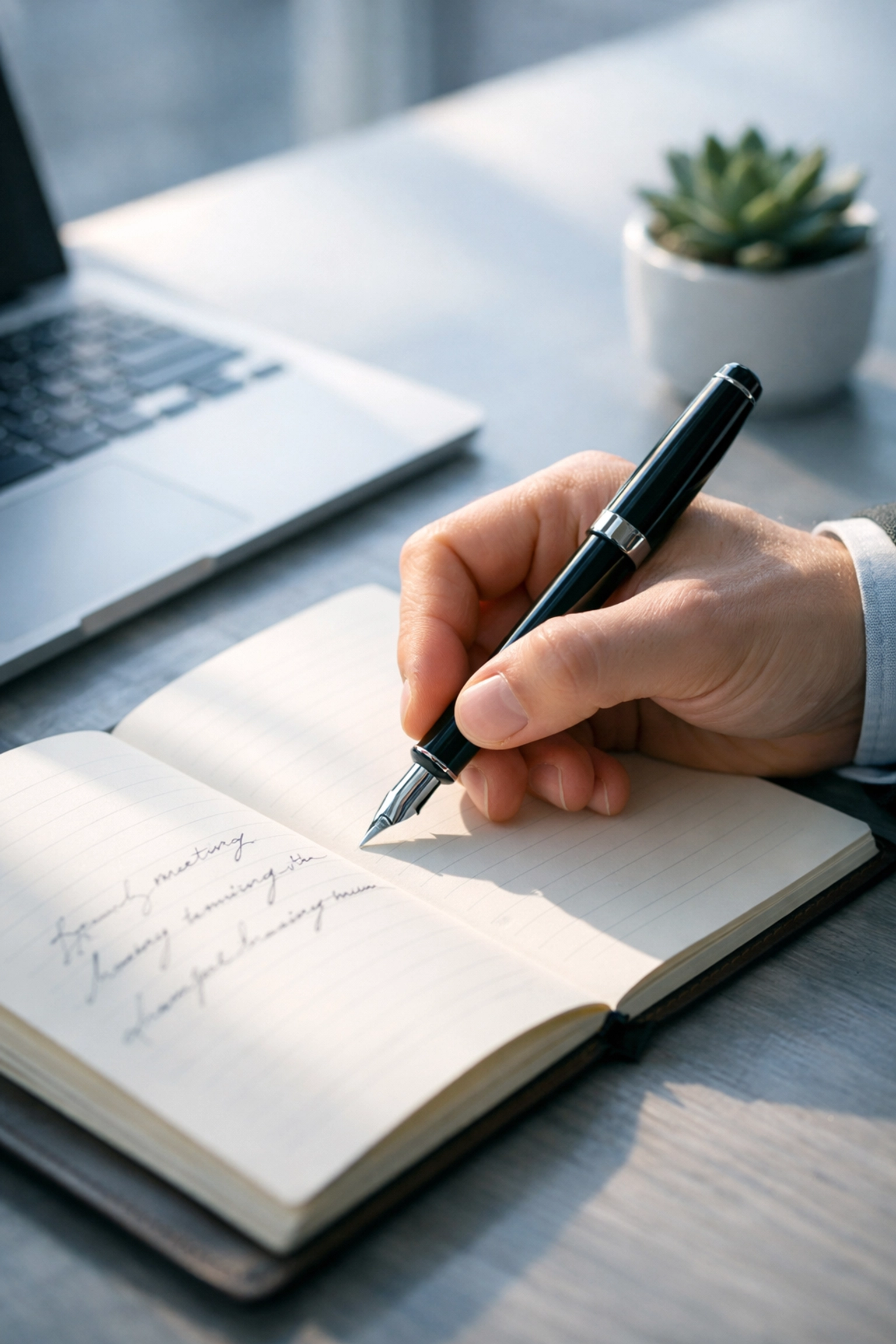 Professional writing down goals in a minimalist notebook using the LMI-UK methodology.