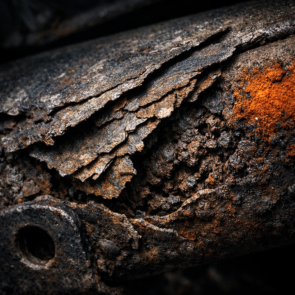 Close-up of structural chassis rust compared to surface rust on a vehicle.