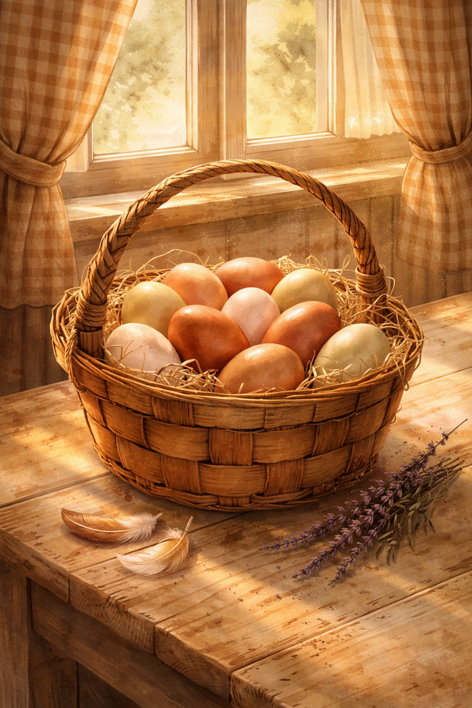 Rustic egg basket with brown, white, and green eggs on a farmhouse table, showcasing local eggs and stewardship.